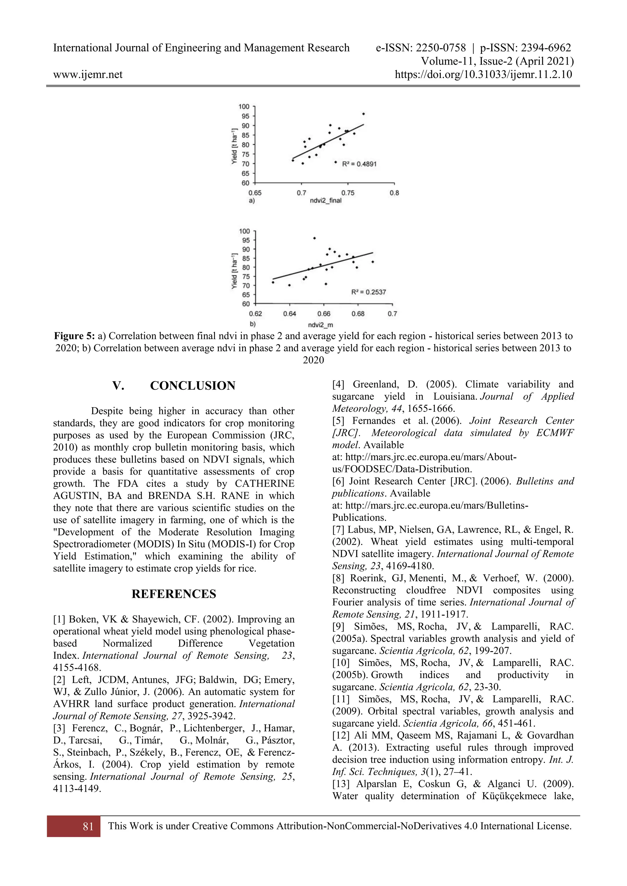 International Journal of Engineering and Management Research e-ISSN: 2250-0758 | p-ISSN: 2394-6962
Volume-11, Issue-2 (April 2021)
www.ijemr.net https://doi.org/10.31033/ijemr.11.2.10
81 This Work is under Creative Commons Attribution-NonCommercial-NoDerivatives 4.0 International License.
Figure 5: a) Correlation between final ndvi in phase 2 and average yield for each region - historical series between 2013 to
2020; b) Correlation between average ndvi in phase 2 and average yield for each region - historical series between 2013 to
2020
V. CONCLUSION
Despite being higher in accuracy than other
standards, they are good indicators for crop monitoring
purposes as used by the European Commission (JRC,
2010) as monthly crop bulletin monitoring basis, which
produces these bulletins based on NDVI signals, which
provide a basis for quantitative assessments of crop
growth. The FDA cites a study by CATHERINE
AGUSTIN, BA and BRENDA S.H. RANE in which
they note that there are various scientific studies on the
use of satellite imagery in farming, one of which is the
"Development of the Moderate Resolution Imaging
Spectroradiometer (MODIS) In Situ (MODIS-I) for Crop
Yield Estimation," which examining the ability of
satellite imagery to estimate crop yields for rice.
REFERENCES
[1] Boken, VK & Shayewich, CF. (2002). Improving an
operational wheat yield model using phenological phase-
based Normalized Difference Vegetation
Index. International Journal of Remote Sensing, 23,
4155-4168.
[2] Left, JCDM, Antunes, JFG; Baldwin, DG; Emery,
WJ, & Zullo Júnior, J. (2006). An automatic system for
AVHRR land surface product generation. International
Journal of Remote Sensing, 27, 3925-3942.
[3] Ferencz, C., Bognár, P., Lichtenberger, J., Hamar,
D., Tarcsai, G., Timár, G., Molnár, G., Pásztor,
S., Steinbach, P., Székely, B., Ferencz, OE, & Ferencz-
Árkos, I. (2004). Crop yield estimation by remote
sensing. International Journal of Remote Sensing, 25,
4113-4149.
[4] Greenland, D. (2005). Climate variability and
sugarcane yield in Louisiana. Journal of Applied
Meteorology, 44, 1655-1666.
[5] Fernandes et al. (2006). Joint Research Center
[JRC]. Meteorological data simulated by ECMWF
model. Available
at: http://mars.jrc.ec.europa.eu/mars/About-
us/FOODSEC/Data-Distribution.
[6] Joint Research Center [JRC]. (2006). Bulletins and
publications. Available
at: http://mars.jrc.ec.europa.eu/mars/Bulletins-
Publications.
[7] Labus, MP, Nielsen, GA, Lawrence, RL, & Engel, R.
(2002). Wheat yield estimates using multi-temporal
NDVI satellite imagery. International Journal of Remote
Sensing, 23, 4169-4180.
[8] Roerink, GJ, Menenti, M., & Verhoef, W. (2000).
Reconstructing cloudfree NDVI composites using
Fourier analysis of time series. International Journal of
Remote Sensing, 21, 1911-1917.
[9] Simões, MS, Rocha, JV, & Lamparelli, RAC.
(2005a). Spectral variables growth analysis and yield of
sugarcane. Scientia Agricola, 62, 199-207.
[10] Simões, MS, Rocha, JV, & Lamparelli, RAC.
(2005b). Growth indices and productivity in
sugarcane. Scientia Agricola, 62, 23-30.
[11] Simões, MS, Rocha, JV, & Lamparelli, RAC.
(2009). Orbital spectral variables, growth analysis and
sugarcane yield. Scientia Agricola, 66, 451-461.
[12] Ali MM, Qaseem MS, Rajamani L, & Govardhan
A. (2013). Extracting useful rules through improved
decision tree induction using information entropy. Int. J.
Inf. Sci. Techniques, 3(1), 27–41.
[13] Alparslan E, Coskun G, & Alganci U. (2009).
Water quality determination of Küçükçekmece lake,
 