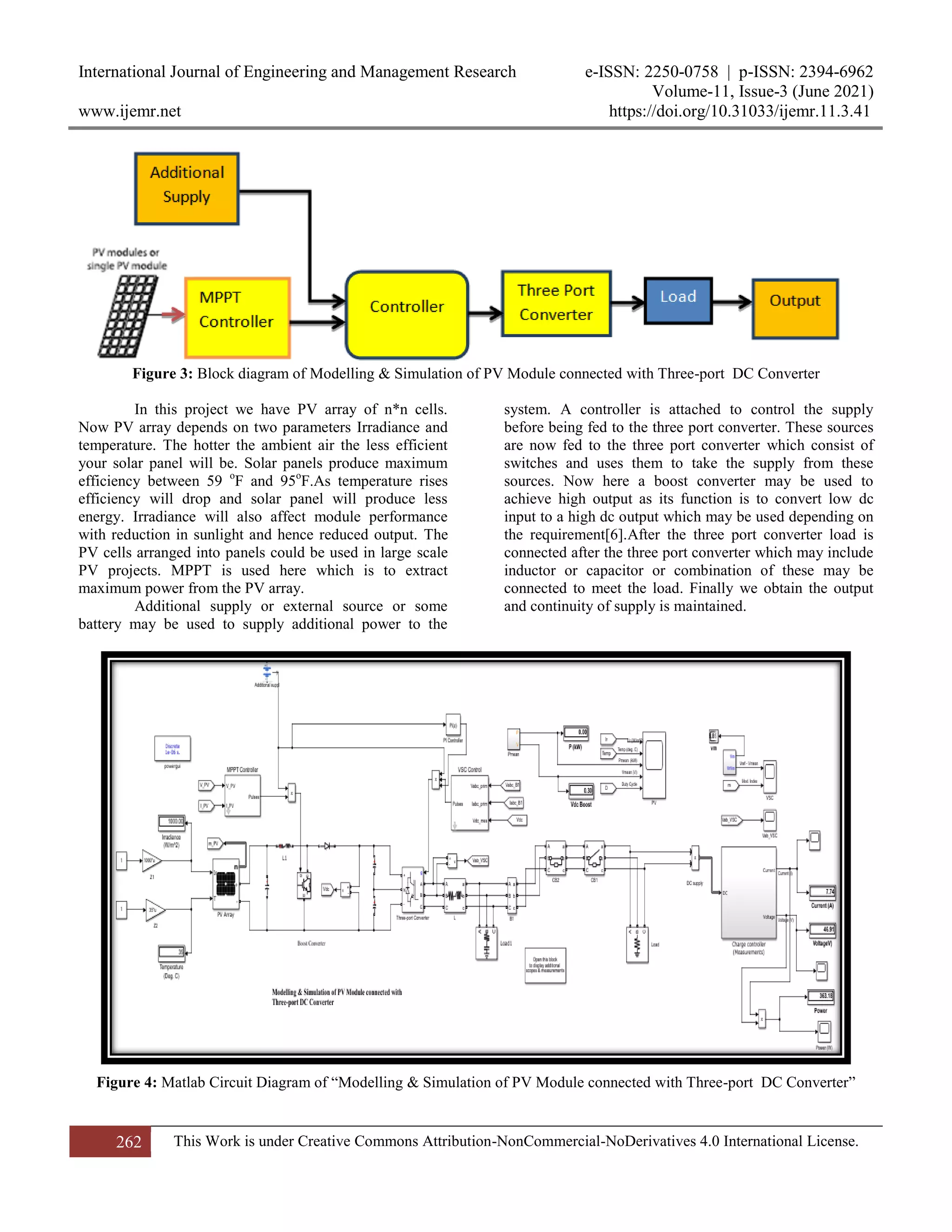 International Journal of Engineering and Management Research e-ISSN: 2250-0758 | p-ISSN: 2394-6962
Volume-11, Issue-3 (June 2021)
www.ijemr.net https://doi.org/10.31033/ijemr.11.3.41
262 This Work is under Creative Commons Attribution-NonCommercial-NoDerivatives 4.0 International License.
Figure 3: Block diagram of Modelling & Simulation of PV Module connected with Three-port DC Converter
In this project we have PV array of n*n cells.
Now PV array depends on two parameters Irradiance and
temperature. The hotter the ambient air the less efficient
your solar panel will be. Solar panels produce maximum
efficiency between 59 o
F and 95o
F.As temperature rises
efficiency will drop and solar panel will produce less
energy. Irradiance will also affect module performance
with reduction in sunlight and hence reduced output. The
PV cells arranged into panels could be used in large scale
PV projects. MPPT is used here which is to extract
maximum power from the PV array.
Additional supply or external source or some
battery may be used to supply additional power to the
system. A controller is attached to control the supply
before being fed to the three port converter. These sources
are now fed to the three port converter which consist of
switches and uses them to take the supply from these
sources. Now here a boost converter may be used to
achieve high output as its function is to convert low dc
input to a high dc output which may be used depending on
the requirement[6].After the three port converter load is
connected after the three port converter which may include
inductor or capacitor or combination of these may be
connected to meet the load. Finally we obtain the output
and continuity of supply is maintained.
Figure 4: Matlab Circuit Diagram of “Modelling & Simulation of PV Module connected with Three-port DC Converter”
 