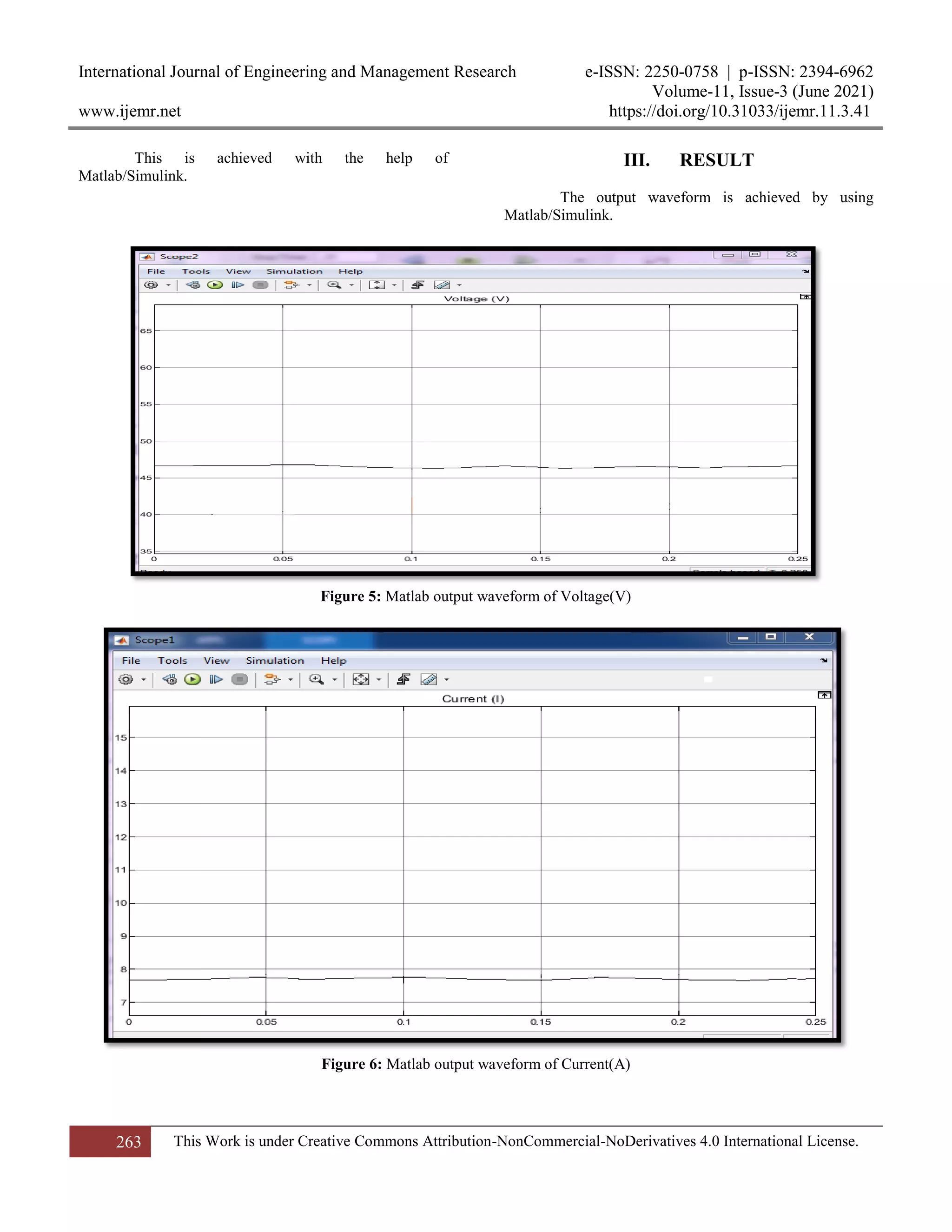 International Journal of Engineering and Management Research e-ISSN: 2250-0758 | p-ISSN: 2394-6962
Volume-11, Issue-3 (June 2021)
www.ijemr.net https://doi.org/10.31033/ijemr.11.3.41
263 This Work is under Creative Commons Attribution-NonCommercial-NoDerivatives 4.0 International License.
This is achieved with the help of
Matlab/Simulink.
III. RESULT
The output waveform is achieved by using
Matlab/Simulink.
Figure 5: Matlab output waveform of Voltage(V)
Figure 6: Matlab output waveform of Current(A)
 