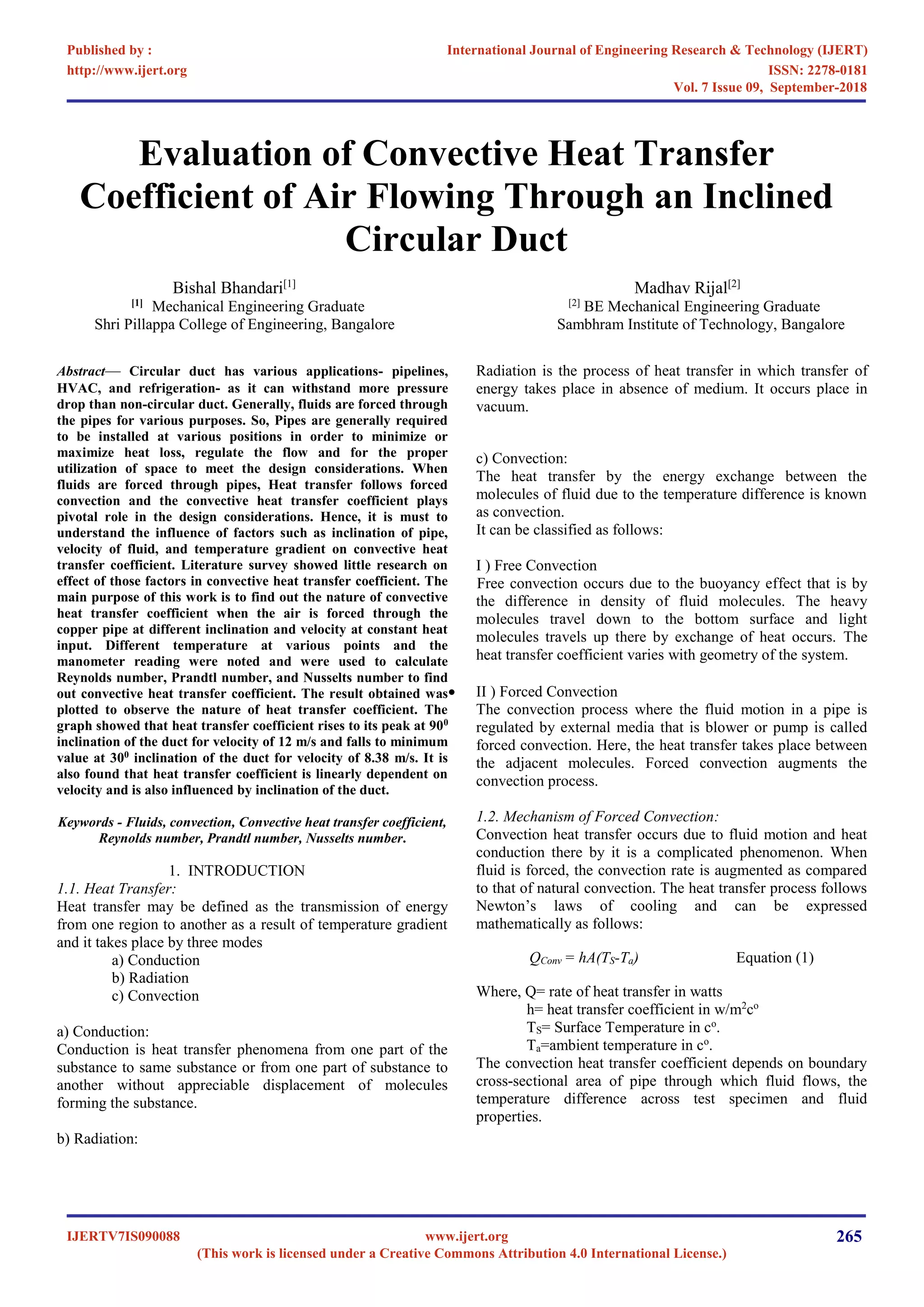 Evaluation of Convective Heat Transfer Coefficient of Air Flowing ...