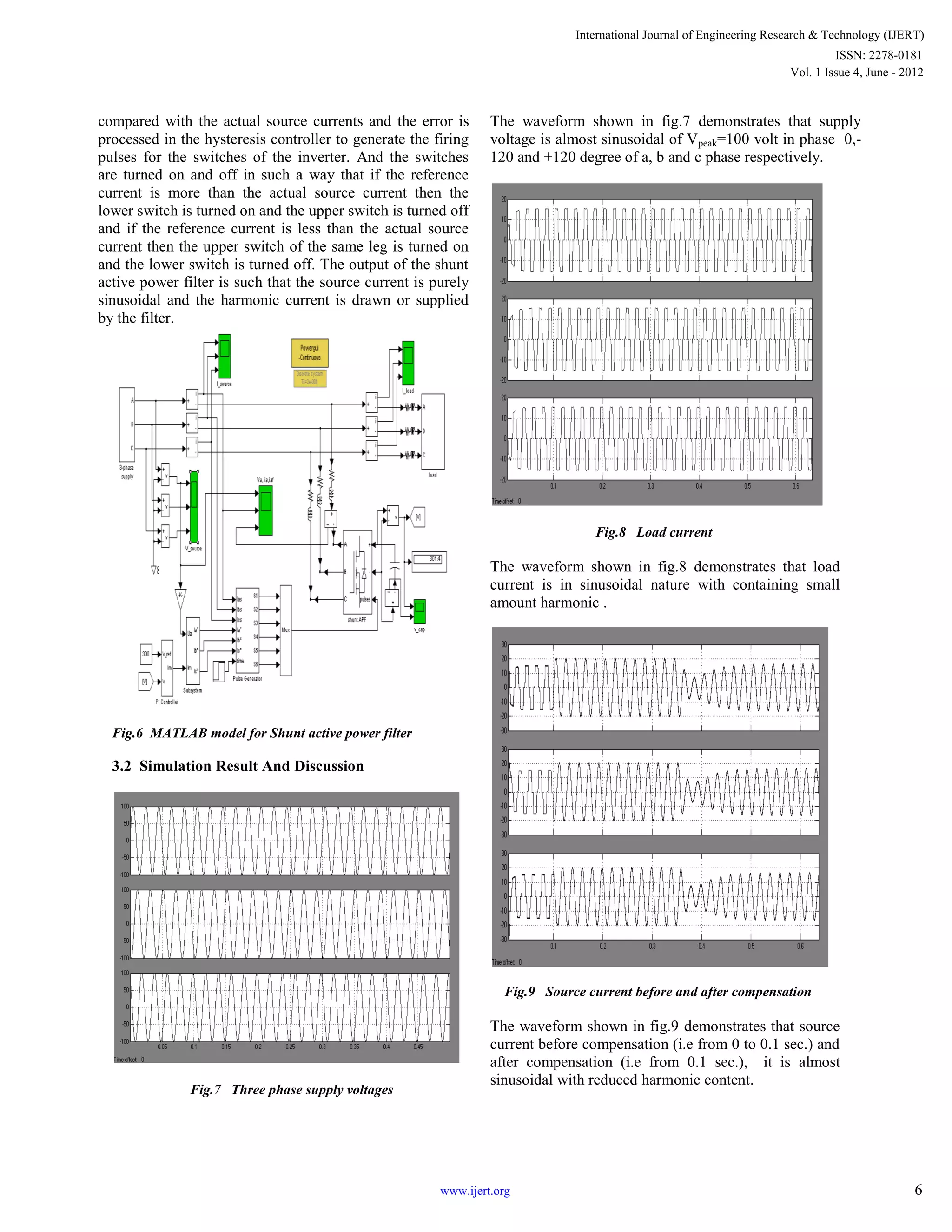 compared with the actual source currents and the error is
processed in the hysteresis controller to generate the firing
pulses for the switches of the inverter. And the switches
are turned on and off in such a way that if the reference
current is more than the actual source current then the
lower switch is turned on and the upper switch is turned off
and if the reference current is less than the actual source
current then the upper switch of the same leg is turned on
and the lower switch is turned off. The output of the shunt
active power filter is such that the source current is purely
sinusoidal and the harmonic current is drawn or supplied
by the filter.
Fig.6 MATLAB model for Shunt active power filter
3.2 Simulation Result And Discussion
Fig.7 Three phase supply voltages
The waveform shown in fig.7 demonstrates that supply
voltage is almost sinusoidal of Vpeak=100 volt in phase 0,-
120 and +120 degree of a, b and c phase respectively.
Fig.8 Load current
The waveform shown in fig.8 demonstrates that load
current is in sinusoidal nature with containing small
amount harmonic .
Fig.9 Source current before and after compensation
The waveform shown in fig.9 demonstrates that source
current before compensation (i.e from 0 to 0.1 sec.) and
after compensation (i.e from 0.1 sec.), it is almost
sinusoidal with reduced harmonic content.
International Journal of Engineering Research & Technology (IJERT)
Vol. 1 Issue 4, June - 2012
ISSN: 2278-0181
6www.ijert.org
 