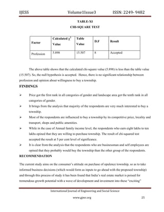 IJESS                                      Volume1Issue3                      ISSN: 2249‐ 9482  

                                                   TABLE-XI
                                             CHI-SQUARE TEST


                                 Calculated 2     Table
           Factor                                                D.F       Result
                                 Value             Value


           Profession            5.898             15.507        8         Accepted




        The above table shows that the calculated chi-square value (5.898) is less than the table value
(15.507). So, the null hypothesis is accepted. Hence, there is no significant relationship between
profession and opinion about willingness to buy a township.
FINDINGS

       Price got the first rank in all categories of gender and landscape area got the tenth rank in all
        categories of gender.
       It brings from the analysis that majority of the respondents are very much interested to buy a
        township.
       Most of the respondents are influenced to buy a township by its competitive price, locality and
        transport, shops and public amenities.
       While in the case of Annual family income level, the respondents who earn eight lakhs to ten
        lakhs opined that they are willing to purchase township. The result of chi-squared test
        accepted the result at 5 per cent level of significance.
       It is clear from the analysis that the respondents who are businessman and self employees are
        opined that they probably would buy the township than the other group of the respondents.
RECOMMENDATION

The current study aims on the consumer’s attitude on purchase of opulence township, so as to take
informed business decisions (which would form as inputs to go ahead with the proposed township)
and through this process of study it has been found that India’s real estate market is poised for
tremendous growth potential with a wave of development and investment into these “exciting”


                            International Journal of Engineering and Social Science 

                                                 www.gjmr.org                                       25 
 