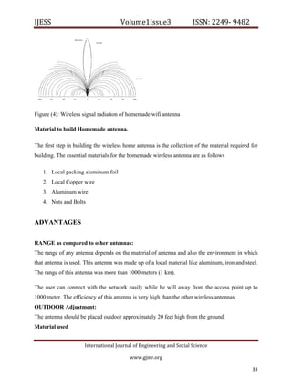 IJESS                                    Volume1Issue3                   ISSN: 2249‐ 9482  




Figure (4): Wireless signal radiation of homemade wifi antenna

Material to build Homemade antenna.

The first step in building the wireless home antenna is the collection of the material required for
building. The essential materials for the homemade wireless antenna are as follows

    1. Local packing aluminum foil
    2. Local Copper wire
    3. Aluminum wire
    4. Nuts and Bolts


ADVANTAGES


RANGE as compared to other antennas:
The range of any antenna depends on the material of antenna and also the environment in which
that antenna is used. This antenna was made up of a local material like aluminum, iron and steel.
The range of this antenna was more than 1000 meters (1 km).

The user can connect with the network easily while he will away from the access point up to
1000 meter. The efficiency of this antenna is very high than the other wireless antennas.
OUTDOOR Adjustment:
The antenna should be placed outdoor approximately 20 feet high from the ground.
Material used


                         International Journal of Engineering and Social Science 

                                             www.gjmr.org                                          

                                                                                                33     
 
