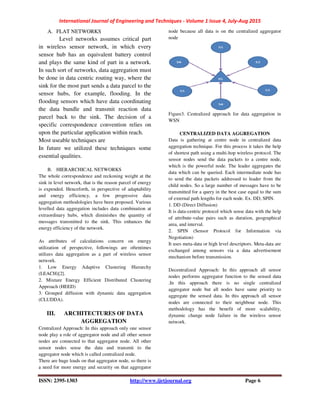International Journal of Engineering and Techniques - Volume 1 Issue 4, July-Aug 2015
ISSN: 2395-1303 http://www.ijetjournal.org Page 6
A. FLAT NETWORKS
Level networks assumes critical part
in wireless sensor network, in which every
sensor hub has an equivalent battery control
and plays the same kind of part in a network.
In such sort of networks, data aggregation must
be done in data centric routing way, where the
sink for the most part sends a data parcel to the
sensor hubs, for example, flooding. In the
flooding sensors which have data coordinating
the data bundle and transmit reaction data
parcel back to the sink. The decision of a
specific correspondence convention relies on
upon the particular application within reach.
Most useable techniques are
In future we utilized these techniques some
essential qualities.
B. HIERARCHICAL NETWORKS
The whole correspondence and reckoning weight at the
sink in level network, that is the reason parcel of energy
is expended. Henceforth, in perspective of adaptability
and energy efficiency, a few progressive data
aggregation methodologies have been proposed. Various
levelled data aggregation includes data combination at
extraordinary hubs, which diminishes the quantity of
messages transmitted to the sink. This enhances the
energy efficiency of the network.
As attributes of calculations concern on energy
utilization of perspective, followings are oftentimes
utilizes data aggregation as a part of wireless sensor
network.
1. Low Energy Adaptive Clustering Hierarchy
(LEACH)[2].
2. Mixture Energy Efficient Distributed Clustering
Approach (HEED)
3. Grouped diffusion with dynamic data aggregation
(CLUDDA).
III. ARCHITECTURES OF DATA
AGGREGATION
Centralized Approach: In this approach only one sensor
node play a role of aggregator node and all other sensor
nodes are connected to that aggregator node. All other
sensor nodes sense the data and transmit to the
aggregator node which is called centralized node.
There are huge loads on that aggregator node, so there is
a need for more energy and security on that aggregator
node because all data is on the centralized aggregator
node
Figure3. Centralized approach for data aggregation in
WSN
CENTRALIZED DATA AGGREGATION
Data is gathering at centre node in centralized data
aggregation technique. For this process it takes the help
of shortest path using a multi-hop wireless protocol. The
sensor nodes send the data packets to a centre node,
which is the powerful node. The leader aggregates the
data which can be queried. Each intermediate node has
to send the data packets addressed to leader from the
child nodes. So a large number of messages have to be
transmitted for a query in the best case equal to the sum
of external path lengths for each node. Ex. DD, SPIN.
1. DD (Direct Diffusion)
It is data-centric protocol which sense data with the help
of attribute-value pairs such as duration, geographical
area, and interval.
2. SPIN (Sensor Protocol for Information via
Negotiation)
It uses meta-data or high level descriptors. Meta-data are
exchanged among sensors via a data advertisement
mechanism before transmission.
Decentralized Approach: In this approach all sensor
nodes performs aggregator function to the sensed data
.In this approach there is no single centralized
aggregator node but all nodes have same priority to
aggregate the sensed data. In this approach all sensor
nodes are connected to their neighbour node. This
methodology has the benefit of more scalability,
dynamic change node failure in the wireless sensor
network.
 