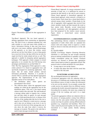 International Journal of Engineering and Techniques - Volume 1 Issue 4, July-Aug 2015
ISSN: 2395-1303 http://www.ijetjournal.org Page 7
Figure4. Decentralize approach for data aggregation in
WSN
Tree-Based Approach: The tree based approach is
defining aggregation from constructing an aggregation
tree. The form of tree is minimum spanning tree, sink
node consider as a root and source node consider as a
leaves. Information flowing of data start from leaves
node up to root means sink(base station).Disadvantage
of this approach, as we know like wireless sensor
network are not free from failure .in case of data packet
loss at any level of tree, the data will be lost not only for
single level but for whole related sub tree as well. This
approach is suitable for designing optimal aggregation
techniques. TAG approach is better compare to existed
approaches so we consider this, but TAG having some
advantages and limitation we can find Table 1.0
TAG: The Tiny Aggregation (TAG) approach is a data-
centric protocol. It is based on aggregation trees and
specifically designed for monitoring applications. This
means that all nodes should produce relevant
information periodically. Therefore, it is possible to
classify TAG as a periodic per hop adjusted aggregation
approach. The implementation of the core TAG
algorithm consists of two main phases:
• The distribution phase, where queries are
disseminated to the sensors
• The collection phase, where the aggregated sensor
readings are routed up the aggregation tree for the
distribution phase, TAG uses a tree based routing
scheme rooted at the sink node. The sink broadcasts
a message asking nodes to organize into a routing
tree and then sends its queries. In each message
there is a field specifying the level, or distance from
the root, of the sending node (the level of the root is
equal to zero). Whenever a node receives a message
and it does not yet belong to any level, it sets its
own level to be the level of the message plus one. It
also elects the node from which it receives the
message as its parent. The parent is the node that is
used to route messages toward the sink.
Cluster-Based Approach: In energy-constrained sensor
networks of large size, it is inefficient for sensors to
transmit the data directly to the sink In such scenarios,
Cluster based approach is hierarchical approach. In
cluster-based approach, whole network is divided in to
several clusters. Each cluster has a cluster-head which is
selected among cluster members. Cluster-heads do the
role of aggregator which aggregate data received from
cluster members locally and then transmit the result to
base station (sink). Recently, several cluster-based
network organization and data-aggregation protocols
have been proposed for the wireless sensor network.
Figure shows a cluster-based sensor network
organization.
CLUSTER BASED DATA AGGREGATION
This methodology likewise comprises of hierarchical
organization of nodes where nodes are separated into
clusters with some unique nodes to regard as a cluster
head are chosen to total data and advances it to the sink
node.
Ex. LEACH, HEED
LEACH: Low-Energy Adaptive Clustering Hierarchy
(LEACH) is a self-sorting out and versatile clustering
protocol utilizing randomization to equitably convey the
vitality consumption among the sensors. Clustered
structures are misused to perform data aggregation
where cluster heads go about as aggregation focuses The
protocol works in rounds and defines two main phases:
• A setup stage to sort out the clusters
• A steady-state phase that deals with the actual data
transfers to the sink node.
IN-NETWORK AGGREGATION
We can distinguish between two approaches:
• In-network aggregation with size reduction refers to
the process of combining and compressing data coming
from different sources in order to reduce the information
to be sent over the network. As an example, assume that
a node receives two packets from two different sources
containing the locally measured temperatures. Instead of
forwarding the two packets, the sensor may compute the
average of the two readings and send it in a single
packet.
• In-network aggregation without size reduction refers to
the process of merging packets coming from different
sources into the same packet without data processing:
assume receiving two packets carrying different physical
quantities (e.g., temperature and humidity). These two
values cannot be processed together, but they can still be
transmitted in a single packet, thereby reducing
overhead.
 