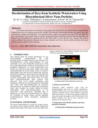 International Journal of Engineering and Techniques - Volume 2 Issue 6, Nov – Dec 2016
ISSN: 2395-1303 http://www.ijetjournal.org Page 194
Decolorization of Dyes from Synthetic Wastewaters Using
Biosynthesized Silver Nano Particles
Dr. Ch. A. I. Raju1
, D.Bharghavi2
, K.Satyanandam3
, K.Prem4
,Dr. M. Tukaram Bai 5
1,5(Asst Prof, Department of Chemical Engineering, Andhra University, Visakhapatnam)
2,3,4 (Department of Chemical Engineering, Andhra University, Visakhapatnam)
I. INTRODUCTION
THE APPLICATION OF NANO MATERIALS IS AN
OUTSTANDING ACHIEVEMENT BY THE
RESEARCHERS. NANOMATERIALS ARE THE KEY TO
TECHNOLOGICAL AND ADVANCEMENT OF THE
UNIVERSE [1-2]. ANY INDUSTRY BASICALLY USES
DYES FOR PROCESSING THEIR RAW MATERIALS TO
FINISHED PRODUCTS, IN TURN PRODUCING DYE
WASTE IN AQUEOUS SOLUTION FORM. THE MAIN
CONSUMPTIONS OF DYES WERE USED IN TEXTILE
INDUSTRIES AND THE OUTLET FROM THE TEXTILE
INDUSTRY IS BEING A POLLUTION FACTOR FOR THE
ENVIRONMENT. THE DYES RELEASED FROM THE
TEXTILE INDUSTRIES ARE TOXIC EVEN AT VERY
LOW CONCENTRATIONS, MAY AFFECT THE
AQUATIC LIFE [3-10]. MANY METHODS LIKE
CHEMICAL, PHYSICAL AND BIOLOGICAL METHODS
ARE USED FOR DECOLORIZATION OF TEXTILE
WASTEWATER. AS SOME OF THEM ARE EXPENSIVE
THEY ARE UNABLE OF USING THEM IN MANY
COUNTRIES. DYE DECOLOURIZATION IS AN
EFFECTIVE AND PRACTICAL METHOD FOR A
REMOVAL OF DYES IN WASTEWATER.[1-8]. HENCE
AN ATTEMPT IS MADE USING SILVER DIOXIDE
NANOPARTICLES WITH BAUHINIA PURPUREA
LEAVES.
II. MATERIAL AND METHODS
The present experimentation is carried out in batch process,
for removal of dyes (Phenol Red–PR, Methyl Orange–MO,
Saffrain Stain Powder–SSP, Bromo Cresol Green–BCG) from
aqueous solutions by using Bauhinia Purpurea leaves broth
with Silver nano particles (bp-Ag-nps).
Fig.1 Dyes
Fig.2 Dyes stock solutions (a) Phenol Red (b) Methyl Orange
(c) Saffrain Stain Powder (d) Bromo Cresol Green
1. Reagents and materials:
Analytical grade chemicals were used for
experimentation and need no further purification.
Double distilled water is used to prepare all stock and
synthetic solutions. From a stock solution containing
1000 mg of dyes in 1.0 litre, the synthetic solutions of
dyes were made. By addition of O.l M HCl and O.l M
NaOH solutions the pH of dyes solutions were
adjusted to the desired values. .
2. Preparation of the Broth solutions and Nano
particles formation:
2.1Preparation of Bauhinia Purpurea broth:
RESEARCH ARTICLE OPEN ACCESS
Abstract:
The Present Experiment was carried out using agno3 nano particles for dye decolorization using Bauhinia
Purpurea leaves by bio synthesis process.The variables effecting the decolorization process are contact time, pH,
concentration, dosage and temperature. The characterization studies were carried out using FTIR and XRD.The
dyes experimented in the present study are Methyl Orange(MO),Phenol Red(PR), Safarian Stain Powder(SSP) and
Bromo Cresol Green(BCG).The optimum pH for PR-5,MO-4,SSP-3 and for BCG-6 were formed. The positive
results confirmed that Bauhinia Purpurea leaves broth combined with silver dioxide solution formed silver nano
particles and are capable of removing dyes.
Keywords — Dyes, XRD, FTIR, PH, concentration, time, temperature.
 