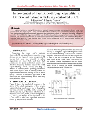 International Journal of Engineering and Techniques
ISSN: 2395-1303
Improvement of Fault Ride
DFIG wind turbine with Fuzzy controlled SFCL
T. Kumar raja
1(PG Scholar, EEE Department, Sir C.R.R
2 (Assistant professor, EEE Department, Sir C.R.R College of Engineering
I. INTRODUCTION
Concerning the smart grid’s technical
framework, RE sources and superconducting power
devices are two types of crucial components.
sources that have vast potential to reduce
dependence on fossil fuels and
penetrations into power distribution systems have
attracted increasing attention around the world
Superconducting power devices can help to
enhance an electric system’s operating performance
from several aspects, such as limiting current
improvement of transient stability as well as power
quality. Therefore an integrated application of RE
generation and superconducting power may
more promising effects.
II. STRUCTURE OF ACTIVE SFCL
Figure 1 shows the topological structure of the
Active SFCL, which is composed of three
superconducting transformers and a three
four-wire converter. Ls1 and Ls2 are the winding self
inductances, and Mst is the mutual inductance.
the circuit impedance, and Z2 is the load impedanc
Cdc1 and Cdc2 are the split dc-link capacitors.
Cf are used to filter the high-order har
caused by the converter. In normal
RESEARCH ARTICLE
Abstract:
In power systems for smart grid, integration of renewable energy sources and super conducting devices brings more
positive effects. This paper suggests a Fuzzy controlled
Fault ride-through capability improvement of doubly fed induction generator (DFIG) for wind power generation. Since Fuzzy
controlled Active SFCL has higher controllability and flexibility,
derivation, cost evaluation and simulation are conducted and comparison is performed between with and without Active SFCL.
From the results active SFCL can limit the faulty currents flowing through t
compensate the terminal voltage.
Keywords: Doubly Fed Induction Generator (DFIG), Super Conducting Fault current Limiter (SFCL).
International Journal of Engineering and Techniques - Volume 3 Issue 1, Jan –
1303 http://www.ijetjournal.org
Improvement of Fault Ride-through capability in
DFIG wind turbine with Fuzzy controlled SFCL
T. Kumar raja1
, T. Deepthi Prasanna 2
(PG Scholar, EEE Department, Sir C.R.R College of Engineering, Eluru)
Assistant professor, EEE Department, Sir C.R.R College of Engineering, Eluru
s technical
RE sources and superconducting power
of crucial components.RE
have vast potential to reduce
their high
penetrations into power distribution systems have
g attention around the world.
uperconducting power devices can help to
electric system’s operating performance
such as limiting current and
as well as power
application of RE
generation and superconducting power may bring
SFCL
he topological structure of the
ctive SFCL, which is composed of three air-core
s and a three-phase
re the winding self
is the mutual inductance. Z1 is
is the load impedance.
link capacitors. Lf and
order harmonics
(no fault) state, the injected current in the
winding of each phase superconducting transformer
will be controlled to keep a certain value, where the
magnetic field in the air-core ca
to zero, so that the active SFCL will not affect the
main circuit. When a short circuit fault is detected,
the injected current corresponding to the faulted
phase will be timely adjusted in amplitude or
angle, so as to control the se
voltage and suppress the fault current.
Fig. 1 Basic simulink model of Active SFCL
smart grid, integration of renewable energy sources and super conducting devices brings more
uggests a Fuzzy controlled Active Super conducting Fault current limiter (SFCL) to improve the
through capability improvement of doubly fed induction generator (DFIG) for wind power generation. Since Fuzzy
controlled Active SFCL has higher controllability and flexibility, its application may give better results. Related theory
derivation, cost evaluation and simulation are conducted and comparison is performed between with and without Active SFCL.
From the results active SFCL can limit the faulty currents flowing through the DFIG’s stator and rotor windings and
: Doubly Fed Induction Generator (DFIG), Super Conducting Fault current Limiter (SFCL).
– Feb 2017
Page 28
through capability in
DFIG wind turbine with Fuzzy controlled SFCL
Eluru)
te, the injected current in the secondary
ase superconducting transformer
keep a certain value, where the
core can be compensated
active SFCL will not affect the
circuit fault is detected,
injected current corresponding to the faulted
timely adjusted in amplitude or phase
control the series compensation
and suppress the fault current.
Basic simulink model of Active SFCL
OPEN ACCESS
smart grid, integration of renewable energy sources and super conducting devices brings more
Active Super conducting Fault current limiter (SFCL) to improve the
through capability improvement of doubly fed induction generator (DFIG) for wind power generation. Since Fuzzy
its application may give better results. Related theory
derivation, cost evaluation and simulation are conducted and comparison is performed between with and without Active SFCL.
he DFIG’s stator and rotor windings and
: Doubly Fed Induction Generator (DFIG), Super Conducting Fault current Limiter (SFCL).
 