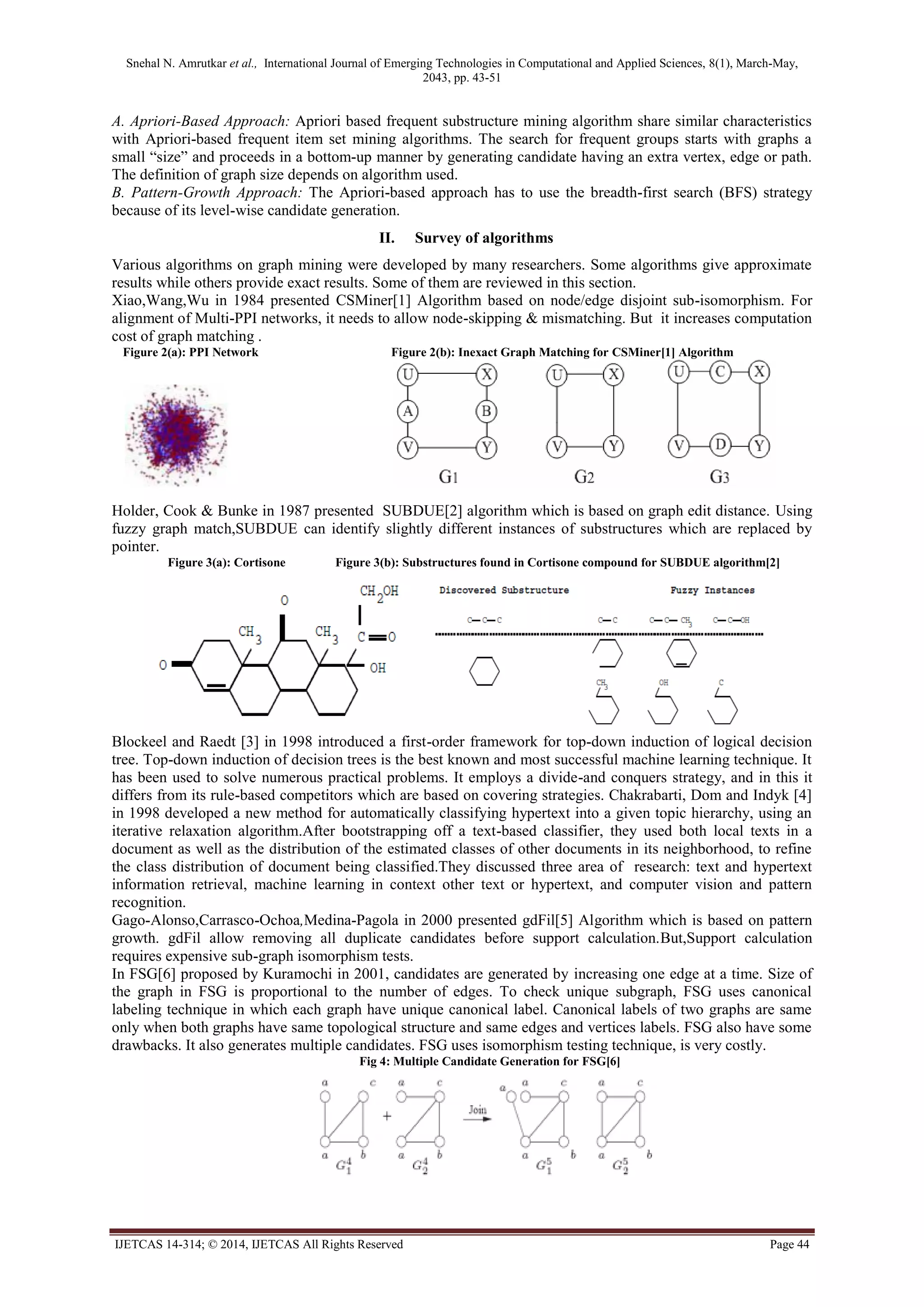 Snehal N. Amrutkar et al., International Journal of Emerging Technologies in Computational and Applied Sciences, 8(1), March-May,
2043, pp. 43-51
IJETCAS 14-314; © 2014, IJETCAS All Rights Reserved Page 44
A. Apriori-Based Approach: Apriori based frequent substructure mining algorithm share similar characteristics
with Apriori-based frequent item set mining algorithms. The search for frequent groups starts with graphs a
small “size” and proceeds in a bottom-up manner by generating candidate having an extra vertex, edge or path.
The definition of graph size depends on algorithm used.
B. Pattern-Growth Approach: The Apriori-based approach has to use the breadth-first search (BFS) strategy
because of its level-wise candidate generation.
II. Survey of algorithms
Various algorithms on graph mining were developed by many researchers. Some algorithms give approximate
results while others provide exact results. Some of them are reviewed in this section.
Xiao,Wang,Wu in 1984 presented CSMiner[1] Algorithm based on node/edge disjoint sub-isomorphism. For
alignment of Multi-PPI networks, it needs to allow node-skipping & mismatching. But it increases computation
cost of graph matching .
Figure 2(a): PPI Network Figure 2(b): Inexact Graph Matching for CSMiner[1] Algorithm
Holder, Cook & Bunke in 1987 presented SUBDUE[2] algorithm which is based on graph edit distance. Using
fuzzy graph match,SUBDUE can identify slightly different instances of substructures which are replaced by
pointer.
Figure 3(a): Cortisone Figure 3(b): Substructures found in Cortisone compound for SUBDUE algorithm[2]
Blockeel and Raedt [3] in 1998 introduced a first-order framework for top-down induction of logical decision
tree. Top-down induction of decision trees is the best known and most successful machine learning technique. It
has been used to solve numerous practical problems. It employs a divide-and conquers strategy, and in this it
differs from its rule-based competitors which are based on covering strategies. Chakrabarti, Dom and Indyk [4]
in 1998 developed a new method for automatically classifying hypertext into a given topic hierarchy, using an
iterative relaxation algorithm.After bootstrapping off a text-based classifier, they used both local texts in a
document as well as the distribution of the estimated classes of other documents in its neighborhood, to refine
the class distribution of document being classified.They discussed three area of research: text and hypertext
information retrieval, machine learning in context other text or hypertext, and computer vision and pattern
recognition.
Gago-Alonso,Carrasco-Ochoa,Medina-Pagola in 2000 presented gdFil[5] Algorithm which is based on pattern
growth. gdFil allow removing all duplicate candidates before support calculation.But,Support calculation
requires expensive sub-graph isomorphism tests.
In FSG[6] proposed by Kuramochi in 2001, candidates are generated by increasing one edge at a time. Size of
the graph in FSG is proportional to the number of edges. To check unique subgraph, FSG uses canonical
labeling technique in which each graph have unique canonical label. Canonical labels of two graphs are same
only when both graphs have same topological structure and same edges and vertices labels. FSG also have some
drawbacks. It also generates multiple candidates. FSG uses isomorphism testing technique, is very costly.
Fig 4: Multiple Candidate Generation for FSG[6]
 