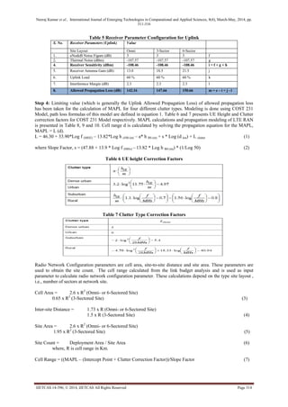 Neeraj Kumar et al., International Journal of Emerging Technologies in Computational and Applied Sciences, 8(4), March-May, 2014, pp.
311-316
IJETCAS 14-396; © 2014, IJETCAS All Rights Reserved Page 314
Table 5 Receiver Parameter Configuration for Uplink
S. No. Receiver Parameters (Uplink) Value
Site Layout Omni 3-Sector 6-Sector
1. eNodeB Noise Figure (dB) 3 3 3 f
2. Thermal Noise (dBm) -107.57 -107.57 -107.57 g
4. Receiver Sensitivity (dBm) -108.46 -108.46 -108.46 i = f + g + h
5. Receiver Antenna Gain (dB) 13.0 18.5 21.5 j
6. Uplink Load 60 % 60 % 60 % k
7. Interference Margin (dB) 2.3 2.3 2.3 l
8. Allowed Propagation Loss (dB) 142.16 147.66 150.66 m = e – i + j - l
Step 4: Limiting value (which is generally the Uplink Allowed Propagation Loss) of allowed propagation loss
has been taken for the calculation of MAPL for four different clutter types. Modeling is done using COST 231
Model, path loss formulas of this model are defined in equation 1. Table 6 and 7 presents UE Height and Clutter
correction factors for COST 231 Model respectively. MAPL calculations and propagation modeling of LTE RAN
is presented in Table 8, 9 and 10. Cell range d is calculated by solving the propagation equation for the MAPL,
MAPL = L (d).
L = 46.30 + 33.90*Log f (MHZ) – 13.82*Log h eNB (m) – a* h BS (m) + s * Log (d km) + L clutter (1)
where Slope Factor, s = (47.88 + 13.9 * Log f (MHz) – 13.82 * Log h BS (m)) * (1/Log 50) (2)
Table 6 UE height Correction Factors
Table 7 Clutter Type Correction Factors
Radio Network Configuration parameters are cell area, site-to-site distance and site area. These parameters are
used to obtain the site count. The cell range calculated from the link budget analysis and is used as input
parameter to calculate radio network configuration parameter. These calculations depend on the type site layout ,
i.e., number of sectors at network site.
Cell Area = 2.6 x R2
(Omni- or 6-Sectored Site)
0.65 x R2
(3-Sectored Site) (3)
Inter-site Distance = 1.73 x R (Omni- or 6-Sectored Site)
1.5 x R (3-Sectored Site) (4)
Site Area = 2.6 x R2
(Omni- or 6-Sectored Site)
1.95 x R2
(3-Sectored Site) (5)
Site Count = Deployment Area / Site Area (6)
where, R is cell range in Km.
Cell Range = ((MAPL – (Intercept Point + Clutter Correction Factor))/Slope Factor (7)
 
