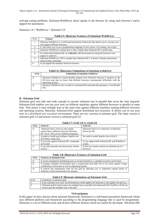 Rigzin Angmo et al., International Journal of Emerging Technologies in Computational and Applied Sciences, 8(4), March-May, 2014, pp.
351-355
IJETCAS 14-413; © 2014, IJETCAS All Rights Reserved Page 354
web-app testing problems. Selenium-WebDriver direct speaks to the browser by using each browser’s native
support for automation.
Selenium 1.0 + WebDriver = Selenium 2.0
Table1.5: illustrate Features of Selenium WebDriver
S.No. Feature
1. Selenium WebDriver is a web based automation framework that allows you to execute your
tests against different browsers.
2. It also allow you to use a programming language of your choice for creating test scripts
3. Selenium WebDriver's architecture is more simpler than Selenium RC's architecture.
4. It is faster than Selenium RC as it directly calls the browser by using the browser's own
engine to control it.
5. Selenium WebDriver's API is simpler than Selenium RC's. It doesn’t include unnecessary
and puzzling commands.
6. It can support the headless HtmlUnit browser.
Table1.6: Illustrates Limitations of selenium webdriver
S.No. Limitations of selenium webDriver
1. Selenium WebDriver Cannot Readily Support New Browsers because it operates on the
OS level and also we know that different browsers communicate differently with the
Operating System.
2. Selenium WebDriver has no built-in command that automatically generates a Test Results
File.
D. Selenium Grid
Selenium grid uses hub and node concept to execute selenium test in parallel that saves the time required.
Selenium-Grid enables you run your tests on different machines against different browsers in parallel at same
time. That means it runs multiple tests at the same time against different machines running different browsers
and operating systems. Basically, Selenium-Grid support distributed test execution. It allows you to run your
tests in a distributed test execution environment. There are two versions in selenium grid. The older version is
selenium grid 1.0 and newest version is selenium grid 2.0.
Table1.7: Grid 1.0 vs. Grid 2.0
S.No. Grid 1.0 Grid 2.0
1. Selenium Grid 1.0 has its own remote
control that is different from the Selenium
RC server. They are two different programs.
Selenium Grid 2.0 is collection of Selenium
Server jar file.
2. It needs to install and configure Apache Ant
first before using Grid.
No need to install Apache Ant in Grid 2.
3. It Can only support Selenium RC commands
and scripts.
It Can support both Selenium RC and WebDriver
scripts.
4. It can only automate one browser per remote
control.
In this one remote control can automate up to 5
browsers.
Table 1.8: Illustrates Features of selenium Grid
S.No. Features of selenium Grid
1. It can be extended by distributing tests on several machines i.e. parallel execution can be done.
2. It manages multiple environments from a central point and make test to run easily against a huge
combination of browsers as well as Operating System.
3. It reduces the maintenance time for the grid by allowing you to implement regular hooks to
influence virtual infrastructure for instance.
Table1.9: Illustrates limitations of Selenium Grid
S.No. Limitations of selenium grid
1. It has selenium at its core. So all limitations which applies for Selenium is also applies for grid too.
2. Selenium grid by itself cannot run multiple tests in parallel, the framework like TestNG or JUnit are
used to provide multiple tests to the grid
VI.Conclusion
In this paper we have discuss about selenium framework. Selenium is a web based automation framework which
uses different platform and framework according to the programming language that is used by programmer.
Selenium is a set of different tools and all have different features which are useful for developer. Selenium IDE
 