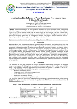 International Association of Scientific Innovation and Research (IASIR)
(An Association Unifying the Sciences, Engineering, and Applied Research)
International Journal of Emerging Technologies in Computational
and Applied Sciences (IJETCAS)
www.iasir.net
IJETCAS 14-476; © 2014, IJETCAS All Rights Reserved Page 508
ISSN (Print): 2279-0047
ISSN (Online): 2279-0055
Investigation of the Influence of Power Density and Frequency on Laser
Drilling in Metal Samples
Nikolay Angelov
Department of Physics, Chemistry and Ecology
Technical University of Gabrovo
4 Hadhy Dimitar str., Gabrovo, 5300, Bulgaria
Abstract: To study the influence of the main parameters on the process of laser drilling in various samples from
aluminium, copper and silver, numerical experiments are carried out with specialized software
TEMPERATURFEL3D, working in MATLAB. The results refer to the fiber laser and CuBr laser - modern laser,
whose applications in various technological processes are still being explored. The dependences of the depth of
the hole on the power density and the frequency are obtained. Тhe influence of power density is analyzed.
Operating range for the frequency for the considered process is determined.
Keywords: numerical experiments, software, laser dilling, fiber laser, CuBr laser.
I. Introduction
Lasers are widely used in many areas – not only in laser processing of materials, in processing of thin films and
microstructures, in measuring equipment, in urban engineering, in medicine, in the military industry, in
agriculture, in holography but also for transporting information and processing it optically, for obtaining plasma,
for laser emission spectral analysis, and for many other purposes in science and education. Laser technology is
used in the processing of materials with huge success. This includes technological processes in metals and alloys
[1]-[3] such as marking and engraving, cutting, welding, drilling, scribing. For lasers’ widespread use for
practical purposes contribute the specific properties of the laser radiation - high coherence monochromaticity,
high directionality, ability to achieve high energy density (and power density, respectively) in the treated area.
Laser sources emit radiation with wavelengths in a wide range of the spectrum - from ultraviolet , through visible
and to infrared in both continuous and pulsed modes. Furthermore, in recent years new lasers were constructed
with the appropriate characteristics and properties to provide the required technological parameters for treatment
of the materials.
II. Presentation
The purpose of the study is to investigate the influence of the power density and to determine of the operating
range for the frequency for drilling holes in samples of aluminum, copper and silver via fiber laser and CuBr
laser. A large number of numerical experiments are conducted with the software TEMPERATURFEL3D [4],
working in MATLAB. It provides the following options for the output results:
 Animation of the whole process;
 Temperature profile of the sample in a given time;
 profile of the maximum temperature;
 temperature’s dependence on time;
 temperature changes of the sample in the depth.
The realization process of laser drilling depends on the thermo-physical and optical properties of the material
[5]-[6]. This requires conducting experiments in the specific metals. Table I shows some basic characteristics of
the studied materials [7]-[8].
Table I. Some thermophysical paramerters of the metals aluminium, copper and silver
Metal
Magnitude
Aℓ Cu Ag
Thermal conductivity k, W/(m.K) 236 401 429
Specific heat capacity c, J/(kg.K) 830 380 232
Density ρ, kg/m3
2700 8920 10490
Diffusion coefficient a, m2
/s 1,05.10-4
1,18.10-4
1,76.10-4
Temperature of melting Tm, K 933,5 1357,6 1235
Temperature of evaporation Tv. K 2972 2830 2435
Numerical calculations have been made in two directions:
 