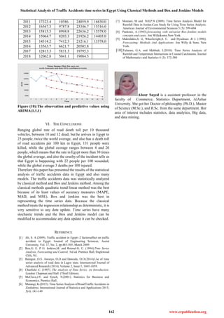 Statistical Analysis of Traffic Accidents time series in Egypt Using Classical Methods and Box and Jenkins Models
162 www.erpublication.org
2011 17323.4 10586. 24059.9 16830.0
2012 16567.3 9787.8 23346.7 15516.0
2013 15815.5 8994.8 22636.2 15578.0
2014 15064.7 8203.3 21926.2 14403.0
2015 14314.2 7412.3 21216.1 15578.0
2016 13563.7 6621.7 20505.8
2017 12813.3 5831.3 19795.3
2018 12062.8 5041.1 19084.5
151413121110987654321
25000
20000
15000
10000
5000
Time
acc.no
Time Series Plot for acc.no
(with forecasts and their 95% confidence limits)
Figure (10):The observation and predictive values using
ARIMA(1,1,1)
VI. THE CONCLUSIONS
Ranging global rate of road death toll per 10 thousand
vehicles, between 10 and 12 dead, but he arrives in Egypt to
25 people, twice the world average, and also has a death toll
of road accidents per 100 km in Egypt, 131 people were
killed, while the global average ranges between 4 and 20
people, which means that the rate in Egypt more than 30 times
the global average, and also the cruelty of the incident tells us
that Egypt is happening with 22 people per 100 wounded,
while the global average 3 deaths per 100 injured.
Therefore this paper has presented the results of the statistical
analysis of traffic accidents data in Egypt and also many
models. The traffic accidents data was statistically analyzed
by classical method and Box and Jenkins method. Among the
classical methods quadratic trend linear method was the best
because of its least values of accuracy measures (MAPE,
MAD, and MSE). Box and Jenkins was the best in
representing the time series data. Because the classical
method treats the regression relationship as deterministic, it is
very sensitive to any data update. Time series have many
stochastic trends and the Box and Jenkins model can be
modified to accommodate any data update it can be checked.
REFERENCE
[1] Ali, S. A (2009). Traffic accident in Egypt -2 factorsaffect on traffic
accident in Egypt. Journal of Engineering Sciences, Assiut
University, Vol. 37, No. 2, pp.483-505, March 2009.
[2] Box,G. E. P G. Jenkins,M. and Reinsel.G. C. (1994).Time Series
Analysis, Forecasting and Control, 3rd ed. Prentice Hall, Englewood
Clifs, NJ.
[3] Balogun ,O.S. Awoeyo, O.O and Dawodu, O.O.(2014).Use of time
series analysis of road data in Lagos state. International Journal of
Advanced Research (2014), Volume 2, Issue 5, 1045-1059.
[4] Chatfield .C. (1987). The Analysis of Time Series. An Introduction.
London Chapman and Hall (Third Edition).
[5] McClave,J.T. and Synch, T.(2001). Statistics for Business and
Economics. Prentice Hall..
[6] Mutangi, K.(2015). Time Series Analysis of Road Traffic Accidents in
Zimbabwe. International Journal of Statistics and Applications 2015,
5(4): 141-149
[7] Momani, M and Nill,P.N (2009). Time Series Analysis Model for
Rainfall Data in Jordan:Case Study for Using Time Series Analysis.
American Journal of Environmental Sciences 5 (5): 599-604
[8] Pankratz, A (1983).forecasting with univariat Box-Jenkins models
concepts and cases. Jon Willy&sons.New York.
[9] Makridakis,S. G, Wheelwright,S. C. and Hyndman ,R J. (1998).
Forecasting: Methods And Applications. Jon Willy & Sons, New
York.
[10]Tularam, G.A. and Mahbub, I.(2010). Time Series Analysis of
Rainfall and Temperature Interactions in Coastal Catchments. Journal
of Mathematics and Statistics 6 (3): 372-380
Abeer Sayed is a assistant professor in the
faculty of Commerce, Statistics Department, AlAzhar
University. She got her Doctor of philosophy (Ph.D.), Master
of Science (M.Sc.), and B.Sc. from the same department. Her
area of interest includes statistics, data analytics, Big data,
and data mining.
 