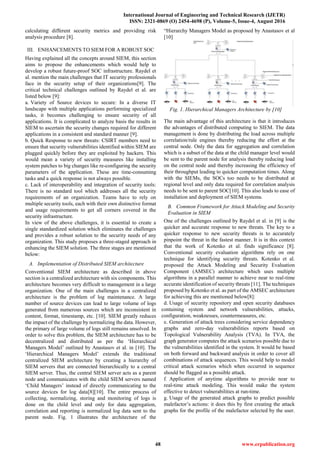 International Journal of Engineering and Technical Research (IJETR)
ISSN: 2321-0869 (O) 2454-4698 (P), Volume-5, Issue-4, August 2016
48 www.erpublication.org
calculating different security metrics and providing risk
analysis procedure [8].
III. ENHANCEMENTS TO SIEM FOR A ROBUST SOC
Having explained all the concepts around SIEM, this section
aims to propose the enhancements which would help to
develop a robust future-proof SOC infrastructure. Raydel et
al. mention the main challenges that IT security professionals
face in the security setup of their organizations[9]. The
critical technical challenges outlined by Raydel et al. are
listed below [9]:
a. Variety of Source devices to secure: In a diverse IT
landscape with multiple applications performing specialized
tasks, it becomes challenging to ensure security of all
applications. It is complicated to analyze basis the results in
SIEM to ascertain the security changes required for different
applications in a consistent and standard manner [9].
b. Quick Response to new threats: CSIRT members need to
ensure that security vulnerabilities identified within SIEM are
plugged quickly before they are exploited by hackers. This
would mean a variety of security measures like installing
system patches to big changes like re-configuring the security
parameters of the application. These are time-consuming
tasks and a quick response is not always possible.
c. Lack of interoperability and integration of security tools:
There is no standard tool which addresses all the security
requirements of an organization. Teams have to rely on
multiple security tools, each with their own distinctive format
and usage requirements to get all corners covered in the
security infrastructure.
In view of the above challenges, it is essential to create a
single standardized solution which eliminates the challenges
and provides a robust solution to the security needs of any
organization. This study proposes a three-staged approach in
enhancing the SIEM solution. The three stages are mentioned
below:
A. Implementation of Distributed SIEM architecture
Conventional SIEM architecture as described in above
section is a centralized architecture with six components. This
architecture becomes very difficult to management in a large
organization. One of the main challenges in a centralized
architecture is the problem of log maintenance. A large
number of source devices can lead to large volume of logs
generated from numerous sources which are inconsistent in
content, format, timestamp, etc. [10]. SIEM greatly reduces
the impact of the challenge by normalizing the data. However,
the primary of large volume of logs still remains unsolved. In
order to solve this problem, the SIEM architecture has to be
decentralized and distributed as per the „Hierarchical
Managers Model‟ outlined by Anastasov et al. in [10]. The
„Hierarchical Managers Model‟ extends the traditional
centralized SIEM architecture by creating a hierarchy of
SIEM servers that are connected hierarchically to a central
SIEM server. Thus, the central SIEM server acts as a parent
node and communicates with the child SIEM servers named
„Child Managers‟ instead of directly communicating to the
source devices for log data[8][10]. The entire process of
collecting, normalizing, storing and monitoring of logs is
done on the child level and only for data aggregation,
correlation and reporting is normalized log data sent to the
parent node. Fig. 1 illustrates the architecture of the
“Hierarchy Managers Model as proposed by Anastasov et al
[10]
Fig. 1. Hierarchical Managers Architecture by [10]
The main advantage of this architecture is that it introduces
the advantages of distributed computing to SIEM. The data
management is done by distributing the load across multiple
correlation/rule engines thereby reducing the effort at the
central node. Only the data for aggregation and correlation
which is a subset of the data at the child manager level would
be sent to the parent node for analysis thereby reducing load
on the central node and thereby increasing the efficiency of
their throughput leading to quicker computation times. Along
with the SIEMs, the SOCs too needs to be distributed at
regional level and only data required for correlation analysis
needs to be sent to parent SOC[10]. This also leads to ease of
installation and deployment of SIEM systems.
B. Common Framework for Attack Modeling and Security
Evaluation in SIEM
One of the challenges outlined by Raydel et al. in [9] is the
quicker and accurate response to new threats. The key to a
quicker response to new security threats is to accurately
pinpoint the threat in the fastest manner. It is in this context
that the work of Kotenko et al. finds significance [8].
Conventional security evaluation algorithms rely on one
technique for identifying security threats. Kotenko et al.
proposed the Attack Modeling and Security Evaluation
Component (AMSEC) architecture which uses multiple
algorithms in a parallel manner to achieve near to real-time
accurate identification of security threats [11]. The techniques
proposed by Kotenko et al. as part of the AMSEC architecture
for achieving this are mentioned below[8]:
d. Usage of security repository and open security databases
containing system and network vulnerabilities, attacks,
configuration, weaknesses, countermeasures, etc.
e. Generation of attack trees considering service dependency
graphs and zero-day vulnerabilities reports based on
Topological Vulnerability Analysis (TVA). In TVA, the
graph generator computes the attack scenarios possible due to
the vulnerabilities identified in the system. It would be based
on both forward and backward analysis in order to cover all
combinations of attack sequences. This would help to model
critical attack scenarios which when occurred in sequence
should be flagged as a possible attack.
f. Application of anytime algorithms to provide near to
real-time attack modeling. This would make the system
effective to detect vulnerabilities at run-time.
g. Usage of the generated attack graphs to predict possible
malefactor‟s actions: it does this by first creating the attack
graphs for the profile of the malefactor selected by the user.
 