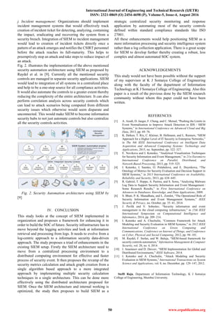 International Journal of Engineering and Technical Research (IJETR)
ISSN: 2321-0869 (O) 2454-4698 (P), Volume-5, Issue-4, August 2016
50 www.erpublication.org
j. Incident management: Organizations should implement
incident management systems that would effectively track
creation of incident ticket for detecting, analyzing, containing
the impact, eradicating and recovering the system from a
security breach. Integration of SIEM to incident management
would lead to creation of incident tickets directly once a
pattern of an attack emerges and notifies the CSIRT personnel
before the attack reaches its full-maturity. This helps to
preemptively stop an attack and take steps to reduce impact of
an attack.
Fig. 2. illustrates the implementation of the above mentioned
security automation architecture using SIEM as proposed by
Raydel et al. in [9]. Currently all the mentioned security
controls are managed in separate security applications. SIEM
would lead to integration of all systems in a centralized place
and help to be a one-stop source for all compliance activities.
It would also automate the controls to a greater extent thereby
reducing the complexity of the entire architecture. It can also
perform correlation analysis across security controls which
can lead to attack scenarios being computed from different
security issues which otherwise would seem disparate and
unconnected. This would make SIEM to become information
security hubs to not just automate controls but also centralize
all the security controls activities.
Fig. 2. Security Automation architecture using SIEM by
[9]
IV. CONCLUSION
This study looks at the concept of SIEM implemented in
organization and proposes a framework for enhancing it in
order to build the SOC of future. Security infrastructure has to
move beyond the logging activities and look at information
retrieval and processing from logs. It needs to evolve from a
log-centric approach to a information security data-driven
approach. The study proposes a triad of enhancements in the
existing SIEM setup. Firstly the SIEM architecture need to
move from a centralized processing environment to a
distributed computing environment for effective and faster
process of security event. It then proposes the revamp of the
security metrics calculation and attack graph creation from a
single algorithm based approach to a more integrated
approach by implementing multiple security calculation
techniques in a single architecture. This can be done more
effectively using the distributed architecture proposed for
SIEM. Once the SIEM architecture and internal working is
optimized, the study then proposes to build SIEM as a
strategic centralized security monitoring and response
application by automating most of the security controls
defined within standard compliance standards like ISO
27001.
All these enhancements would help positioning SIEM as a
more information processing and security intelligence system
rather than a log collection application. There is a great scope
for SIEM to develop further thereby creating a robust, less
complex and almost automated SOC system.
ACKNOWLEDGEMENTS
This study would not have been possible without the support
of my supervisor at K J Somaiya College of Engineering
along with the faculty of the department of Information
Technology at K J Somaiya College of Engineering. Also this
paper is a result of the previous done by the SIEM research
community without whom this paper could not have been
written.
REFERENCES
[1] A. Azodi, D. Jaeger, F. Cheng, and C. Meinel, “Pushing the Limits in
Event Normalisation to Improve Attack Detection in IDS / SIEM
Systems,” in International Conference on Advanced Cloud and Big
Data, 2013, pp. 69–76.
[2] K. Detken, T. Rix, C. Kleiner, B. Hellmann, and L. Renners, “SIEM
Approach for a Higher Level of IT Security in Enterprise Networks,”
in The 8th IEEE International Conference on Intelligent Data
Acquisition and Advanced Computing Systems: Technology and
Applications, 2015, no. September, pp. 322–327.
[3] E. Novikova and I. Kotenko, “Analytical Visualization Techniques
for Security Information and Event Management,” in 21st Euromicro
International Conference on Parallel, Distributed, and
Network-Based Processing, 2013, pp. 519–525.
[4] I. Kotenko, I. Saenko, O. Polubelova, and E. Doynikova, “The
Ontology of Metrics for Security Evaluation and Decision Support in
SIEM Systems,” in 2013 International Conference on Availability,
Reliability and Security, 2013, pp. 638–645.
[5] R. Gabriel, T. Hoppe, A. Pastwa, and S. Sowa, “Analyzing Malware
Log Data to Support Security Information and Event Management :
Some Research Results,” in First International Conference on
Advances in Databases, Knowledge, and Data Applications, 2009.
[6] S. Bhatt, P. K. Manadhata, and L. Zomlot, “The Operational Role of
Security Information and Event Management Systems,” IEEE
Security & Privacy, no. October, pp. 35–41, 2014.
[7] J. Pavlik and V. Sobeslav, “Security information and event
management in the cloud computing infrastructure,” in 15th IEEE
International Symposium on Computational Intelligence and
Informatics, 2014, pp. 209–214.
[8] I. Kotenko and A. Chechulin, “Common Framework for Attack
Modeling and Security Evaluation in SIEM Systems,” in 2012 IEEE
International Conference on Green Computing and
Communications, Conference on Internet of Things, and Conference
on Cyber, Physical and Social Computing, 2012, pp. 94–101.
[9] M. Raydel, F. Stefan, and W. Baluja, “SIEM-based framework for
security controls automation,” Information Management & Computer
Security, vol. 20, no. 4, 2014.
[10] I. Anastasov and D. Davcev, “SIEM Implementation for Global and
Distributed Environments,” IEEE Software, 2014.
[11] I. Kotenko and A. Chechulin, “Attack Modeling and Security
Evaluation in SIEM Systems,” International Transactions on System
Science and Applications, vol. 8, no. December, pp. 129–147, 2012.
Steffi Raju, Department of Information Technology, K J Somaiya
College of Engineering, Mumbai University.
 