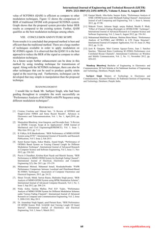 International Journal of Engineering and Technical Research (IJETR)
ISSN: 2321-0869 (O) 2454-4698 (P), Volume-5, Issue-4, August 2016
60 www.erpublication.org
value of SCFDMA (QAM) is efficient as compare to other
modulation techniques. Figure 12 shows the comparison of
BER of traditional OFDM with proposed SCFDMA system.
Graph shows that the proposed system provides better BER
results as compared to the existing system. Further, QAM
qualifies as the best modulation technique among others.
VIII. CONCLUSION AND FUTURE SCOPE
From results it is concluded that proposed method is best and
efficient than the traditional method. There are a large number
of techniques available in order to apply modulation on
SC-FDMA signals. It is observed that the QAM 16 is the best
approach to reduce the BER of the signal as compare to other
modulation techniques.
As a future scope further enhancement can be done in this
method by using trending technique for transmission of
signal. Along with the SCFDMA technique, there can also be
other techniques that can be used to produce quality retain
signal at the receiving end. Furthermore, techniques can be
developed that may simple in manipulation than the proposed
technique.
ACKNOWLEDGMENT
I would like to thank Mr. Sarbjeet Singh, who had been
guiding throughout to complete the work successfully on
“Performance Analysis of SCFDMA with PN Sequence using
different modulation techniques".
REFERENCES
[1] Cristina Ciochina and Hikmet Sari, “A Review of OFDMA and
Single-Carrier FDMA and Some Recent Results”, Advances in
Electronics and Telecommunication, Vol. 1, No. 1, April,2010, pp.
35-40.
[2] Manjushree Bhardwaj, Arun Gangwar, and Devendra Soni, “A Review
on OFDM: Concept, Scope & its Applications”, IOSR Journal of
Mechanical and Civil Engineering(IOSRJMCE), Vol. 1, Issue 1,
May-June 2012, pp. 7-11
[3] K.Vidhya, K.R.Shankarkumar, “BER Performance of MIMO-OFDM
System using STTC”, International Journal of Scientific and Research
Publications, Vol 3, Issue 2, Feb 2013.
[4] Sumit Kumar Gupta, Ankur Shukla, Anand Singh, “Performance of
OFDMA Based System on Varying Channel Length for Different
Modulation Technique”, International Journal of Advanced Research
in Computer Science and Software Engineering, Vol 2, Issue 11, Nov
2012, pp. 238-243.
[5] Pravin J Chaudhari, Krishna Kant Nayak and Manish Saxena, “BER
Performance in MIMO OFDM System for Rayleigh Fading Channel”,
International Journal of Electrical, Electronics and Computer
Engineering 2(2), Dec 2013, pp. 155-159.
[6] Mohammed Melood, Mahamod Ismail, RosdiadeeNordin “PAPR
Performance Comparison between Localized and Distributed-Based
SC-FDMA Techniques”, Association of Computer Electronics and
Electrical Engineers, 2013, pp. 24-32.
[7] Shruti Trivedi, Mohd. Sarwar Raeen, Shalendra Singh pawar, “BER
Analysis of MIMO-OFDM System using BPSK Modulation Scheme”,
International Journal of Advanced Computer Research, Vol 2, No. 3,
Issue 5, Sep 2012, pp. 208-214.
[8] Nisha Achra, Garima Mathur, Prof. R.P. Yadav, “Performance
Analysis of MIMO OFDM System for Different Modulation Schemes
under Various Fading Channels”, International Journal of Advanced
Research in Computer and Communication Engineering, Vol. 2, Issue
5, 2098-2103, May 2013.
[9] Dr. Amandeep Singh Sappal, aand Parneet Kaur, “BER Performance
Of OFDM System With 16-QAM And Varying Length Of Guard
Interval”, International Journal of Electronics and Electrical
Engineering, Vol. 2, Issue 3, March 2012.
[10] Gunjan Manik, Alka Kalra, Sanjeev Kalra, “Performance Analysis of
STBC-OFDM System under Multipath Fading Channel”, International
Journal of soft Computing and Engineering, Vol. 1, Issue 6, January
2012, pp. 87-90.
[11] Mukesh Tiwari, Jaikaran Singh, sanjay Rathod, Maulik P. Modi,
“Effect of Channel Fading (Rayleigh) in OFDM-STBC Technique”,
International Journal of Advanced Research in Computer Science and
Software Engineering, Vol. 2, Issue 8, August 2012, pp. 356-361.
[12] Muhammad Mokhlesur Rahman, Shalima Binta Manir, “Performance
Analysis of Sc-FDMA and OFDMA in LTE Frame Structure”,
International Journal of Computer Application, Vol. 45, Issue 23, May
2012, pp. 31-38.
[13] Jyoti R. Gangane, Mari Carmen Aguayo-Torres, Juan J. Sanchez
Sanchez, “Maximal Ratio Combining SC-FDMA Performance over
Correlated Ricean Channels”, International Conference on Wireless
and Mobile Communication, Vol. 2, No. 11, November 2012, pp.
428-432.
Mandeep Bhardwaj Bachelor of Engineering in Electronics and
Communication, M.Tech Scholar at Sri Sukhmani Institute of Engineering
and Technology, Derabassi, Punjab, India.
Sarbjeet Singh Masters of Technology in Electronics and
Communication, Assistant Professor, Sri Sukhmani Institute of Engineering
and Technology, Derabassi, Punjab, India.
 