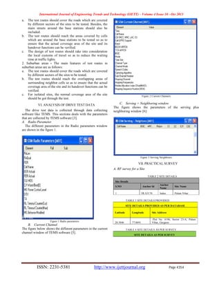 International Journal of Engineering Trends and Technology (IJETT) – Volume 4 Issue 10 - Oct 2013
ISSN: 2231-5381 http://www.ijettjournal.org Page 4354
a. The test routes should cover the roads which are covered
by different sectors of the sites to be tested. Besides, the
main streets around the base stations should also be
included.
b. The test routes should reach the areas covered by cells
which are around the base stations to be tested so as to
ensure that the actual coverage area of the site and its
handover functions can be verified.
c. The design of test routes should take into consideration
the local customs of travel so as to reduce the waiting
time at traffic lights.
2. Suburban areas - The main features of test routes in
suburban areas are as follows:
a. The test routes should cover the roads which are covered
by different sectors of the sites to be tested.
b. The test routes should reach the overlapping areas of
surrounding neighbor cells so as to ensure that the actual
coverage area of the site and its handover functions can be
verified.
c. For isolated sites, the normal coverage area of the site
should be got through the test.
VI. ANALYSIS OF DRIVE TEST DATA
The drive test data is collected through data collecting
software like TEMS. This sections deals with the parameters
that are collected by TEMS software [3].
A. Radio Parameter
The different parameters in the Radio parameters window
are shown in the figure 1.
Figure 1 Radio parameters
B. Current Channel
The figure below shows the different parameters in the current
channel window of TEMS software [5].
Figure 2 Current Channels
C. Serving + Neighboring window
The figure shows the parameters of the serving plus
neighboring window [6]:
Figure 3 Serving Neighbours
VII. PRACTICAL SURVEY
A. RF survey for a Site
TABLE 2 SITE DETAILS
Site Details
S.NO Anchor Id
Anchor
Name
Site Name
1 DLA3176 Indus Palam Vihar
TABLE 3 SITE DETAILS PROVIDED
SITE DETAILS PROVIDED AS PER DATABASE
Latitude Longitude Site Address
28.5046 77.0691
Plot No. 4196, Sector 23-A, Palam
Vihar, Gurgaon
TABLE 4 SITE DETAILS AS PER SURVEY
SITE DETAILS AS PER SURVEY
 