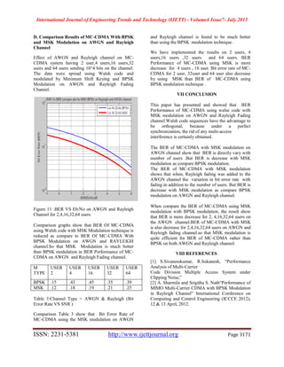 International Journal of Engineering Trends and Technology (IJETT) - Volume4 Issue7- July 2013
ISSN: 2231-5381 http://www.ijettjournal.org Page 3171
D. Comparison Results of MC-CDMA With BPSK
and MSK Modulation on AWGN and Rayleigh
Channel
Effect of AWGN and Rayleigh channel on MC-
CDMA system having 2 user,4 users,16 users,32
users and 64 users sending 10^4 bits on the channel.
The data were spread using Walsh code and
modulated by Minimum Shift Keying and BPSK
Modulation on AWGN and Rayleigh Fading
Channel.
Figure 11 :BER VS Eb/No on AWGN and Rayleigh
Channel for 2,4,16,32,64 users
Comparison graphs show that BER Of MC-CDMA
using Walsh code with MSK Modulation technique is
reduced as compare to BER Of MC-CDMA With
BPSK Modulation on AWGN and RAYLEIGH
channel.So that MSK Modulation is much better
than BPSK modulation in BER Performance of MC-
CDMA on AWGN and Rayleigh Fading channel.
Table 3:Channel Type = AWGN & Rayleigh (Bit
Error Rate VS SNR )
Comparison Table 3 show that Bit Error Rate of
MC-CDMA using the MSK modulation on AWGN
and Rayleigh channel is found to be much better
than using the BPSK modulation technique .
We have implemented the results on 2 users, 4
users,16 users ,32 users and 64 users. BER
Performance of MC-CDMA using MSK is more
decrease for 4 users , 16 user. Bit error rate of MC-
CDMA for 2 user, 32user and 64 user also decrease
by using MSK than BER of MC-CDMA using
BPSK modulation technique .
VII CONCLUSION
This paper has presented and showed that BER
Performance of MC-CDMA using walse code with
MSK modulation on AWGN and Rayleigh Fading
channel.Walsh code sequences have the advantage to
be orthogonal, because under a perfect
synchronization, the rid of any multi-access
interference is certainly obtained.
The BER of MC-CDMA with MSK modulation on
AWGN channel show that BER is directly vary with
number of users .But BER is decrease with MSK
modulation as compare BPSK modulation.
The BER of MC-CDMA with MSK modulation
shows that when, Rayleigh fading was added to the
AWGN channel the variation in bit error rate with
fading in addition to the number of users. But BER is
decrease with MSK modulation as compare BPSK
modulation on AWGN and Rayleigh channel.
When compare the BER of MC-CDMA using MSK
modulation with BPSK modulation, the result show
that BER is more decrease for 2, 4,16,32,64 users on
the AWGN channel.BER of MC-CDMA with MSK
is also decrease for 2,4,16,32,64 users on AWGN and
Rayleigh fading channel.so that MSK modulation is
quite efficient for BER of MC-CDMA rather than
BPSK on both AWGN and Rayleigh channel.
VIII REFERENCES
[1] S.Sivanesskumar, R.Sukanesh, “Performance
Analysis of Multi-Carrier
Code Division Multiple Access System under
Clipping Noise,”
[2] A. Sharmila and Srigitha S. Nath“Performance of
MIMO Multi-Carrier CDMA with BPSK Modulation
in Rayleigh Channel” International Conference on
Computing and Control Engineering (ICCCE 2012),
12 & 13 April, 2012.
M
TYPE
USER
2
USER
4
USER
16
USER
32
USER
64
BPSK .15 .43 .45 .35 .39
MSK .12 .18 .19 .21 .25
 