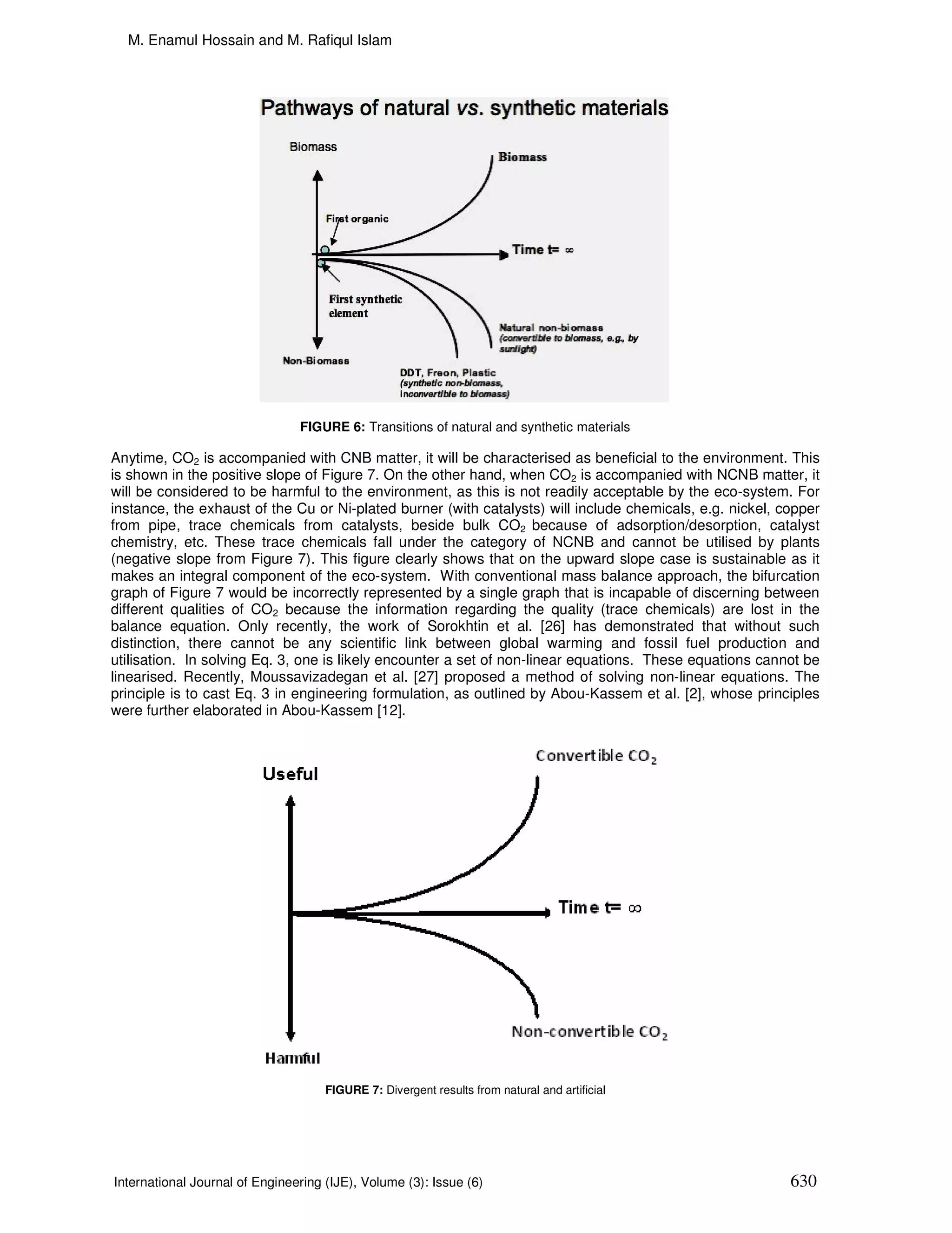 M. Enamul Hossain and M. Rafiqul Islam




                                FIGURE 6: Transitions of natural and synthetic materials

Anytime, CO2 is accompanied with CNB matter, it will be characterised as beneficial to the environment. This
is shown in the positive slope of Figure 7. On the other hand, when CO2 is accompanied with NCNB matter, it
will be considered to be harmful to the environment, as this is not readily acceptable by the eco-system. For
instance, the exhaust of the Cu or Ni-plated burner (with catalysts) will include chemicals, e.g. nickel, copper
from pipe, trace chemicals from catalysts, beside bulk CO2 because of adsorption/desorption, catalyst
chemistry, etc. These trace chemicals fall under the category of NCNB and cannot be utilised by plants
(negative slope from Figure 7). This figure clearly shows that on the upward slope case is sustainable as it
makes an integral component of the eco-system. With conventional mass balance approach, the bifurcation
graph of Figure 7 would be incorrectly represented by a single graph that is incapable of discerning between
different qualities of CO2 because the information regarding the quality (trace chemicals) are lost in the
balance equation. Only recently, the work of Sorokhtin et al. [26] has demonstrated that without such
distinction, there cannot be any scientific link between global warming and fossil fuel production and
utilisation. In solving Eq. 3, one is likely encounter a set of non-linear equations. These equations cannot be
linearised. Recently, Moussavizadegan et al. [27] proposed a method of solving non-linear equations. The
principle is to cast Eq. 3 in engineering formulation, as outlined by Abou-Kassem et al. [2], whose principles
were further elaborated in Abou-Kassem [12].




                                     FIGURE 7: Divergent results from natural and artificial




International Journal of Engineering (IJE), Volume (3): Issue (6)                                          630
 