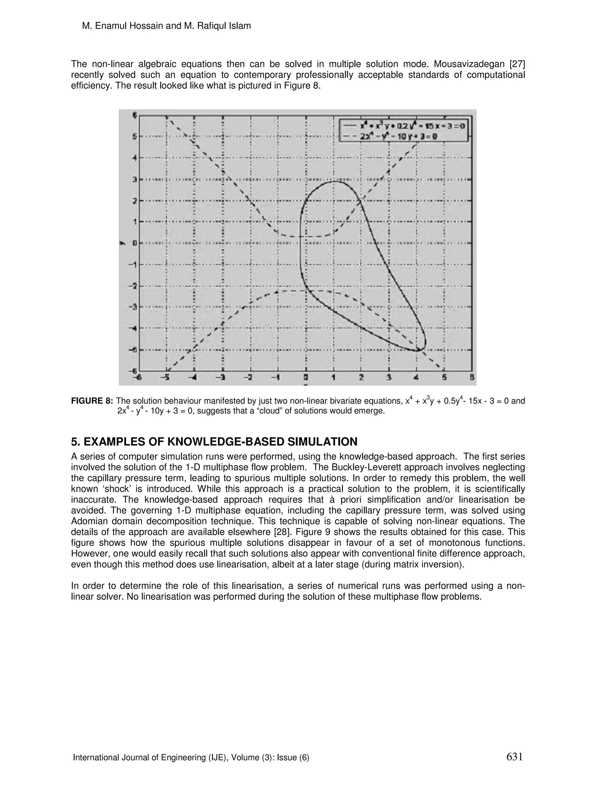 M. Enamul Hossain and M. Rafiqul Islam



The non-linear algebraic equations then can be solved in multiple solution mode. Mousavizadegan [27]
recently solved such an equation to contemporary professionally acceptable standards of computational
efficiency. The result looked like what is pictured in Figure 8.




                                                                                         4   3        4
FIGURE 8: The solution behaviour manifested by just two non-linear bivariate equations, x + x y + 0.5y - 15x - 3 = 0 and
            4   4
          2x - y - 10y + 3 = 0, suggests that a “cloud” of solutions would emerge.


5. EXAMPLES OF KNOWLEDGE-BASED SIMULATION
A series of computer simulation runs were performed, using the knowledge-based approach. The first series
involved the solution of the 1-D multiphase flow problem. The Buckley-Leverett approach involves neglecting
the capillary pressure term, leading to spurious multiple solutions. In order to remedy this problem, the well
known ‘shock’ is introduced. While this approach is a practical solution to the problem, it is scientifically
inaccurate. The knowledge-based approach requires that à priori simplification and/or linearisation be
avoided. The governing 1-D multiphase equation, including the capillary pressure term, was solved using
Adomian domain decomposition technique. This technique is capable of solving non-linear equations. The
details of the approach are available elsewhere [28]. Figure 9 shows the results obtained for this case. This
figure shows how the spurious multiple solutions disappear in favour of a set of monotonous functions.
However, one would easily recall that such solutions also appear with conventional finite difference approach,
even though this method does use linearisation, albeit at a later stage (during matrix inversion).

In order to determine the role of this linearisation, a series of numerical runs was performed using a non-
linear solver. No linearisation was performed during the solution of these multiphase flow problems.




International Journal of Engineering (IJE), Volume (3): Issue (6)                                                  631
 
