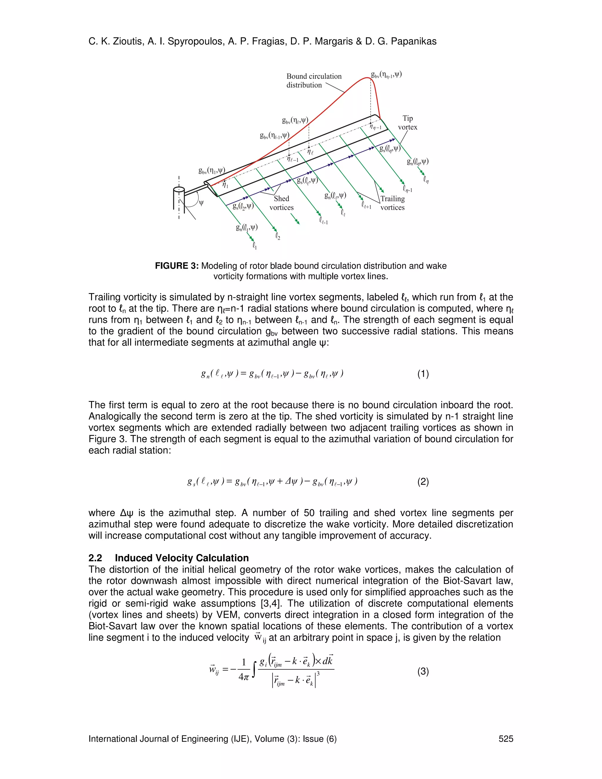 C. K. Zioutis, A. I. Spyropoulos, A. P. Fragias, D. P. Margaris & D. G. Papanikas




                 FIGURE 3: Modeling of rotor blade bound circulation distribution and wake
                             vorticity formations with multiple vortex lines.

Trailing vorticity is simulated by n-straight line vortex segments, labeled ℓℓ, which run from ℓ1 at the
root to ℓn at the tip. There are ηℓ=n-1 radial stations where bound circulation is computed, where ηℓ
runs from η1 between ℓ1 and ℓ2 to ηn-1 between ℓn-1 and ℓn. The strength of each segment is equal
to the gradient of the bound circulation gbv between two successive radial stations. This means
that for all intermediate segments at azimuthal angle ψ:


                             g n ( l l ,ψ ) = g bv ( ηl−1 ,ψ ) − g bv ( ηl ,ψ )      (1)


The first term is equal to zero at the root because there is no bound circulation inboard the root.
Analogically the second term is zero at the tip. The shed vorticity is simulated by n-1 straight line
vortex segments which are extended radially between two adjacent trailing vortices as shown in
Figure 3. The strength of each segment is equal to the azimuthal variation of bound circulation for
each radial station:


                         g s ( l l ,ψ ) = g bv ( ηl−1 ,ψ + ∆ψ ) − g bv ( ηl−1 ,ψ )   (2)


where ∆ψ is the azimuthal step. A number of 50 trailing and shed vortex line segments per
azimuthal step were found adequate to discretize the wake vorticity. More detailed discretization
will increase computational cost without any tangible improvement of accuracy.

2.2 Induced Velocity Calculation
The distortion of the initial helical geometry of the rotor wake vortices, makes the calculation of
the rotor downwash almost impossible with direct numerical integration of the Biot-Savart law,
over the actual wake geometry. This procedure is used only for simplified approaches such as the
rigid or semi-rigid wake assumptions [3,4]. The utilization of discrete computational elements
(vortex lines and sheets) by VEM, converts direct integration in a closed form integration of the
Biot-Savart law over the known spatial locations of these elements. The contribution of a vortex
                                         r
line segment i to the induced velocity w ij at an arbitrary point in space j, is given by the relation
                                             r          r     r
                              r                     (
                                       1 g i rijm − k ⋅ ek × dk    )
                              wij = −
                                      4π      ∫
                                              r
                                              r − k ⋅e
                                                         r 3                      (3)
                                                        ijm        k




International Journal of Engineering (IJE), Volume (3): Issue (6)                                   525
 