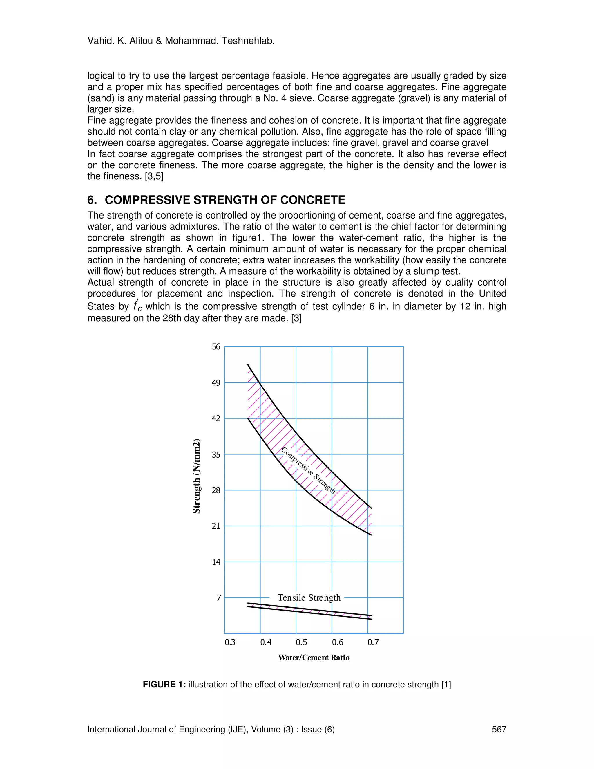 Vahid. K. Alilou & Mohammad. Teshnehlab.


logical to try to use the largest percentage feasible. Hence aggregates are usually graded by size
and a proper mix has specified percentages of both fine and coarse aggregates. Fine aggregate
(sand) is any material passing through a No. 4 sieve. Coarse aggregate (gravel) is any material of
larger size.
Fine aggregate provides the fineness and cohesion of concrete. It is important that fine aggregate
should not contain clay or any chemical pollution. Also, fine aggregate has the role of space filling
between coarse aggregates. Coarse aggregate includes: fine gravel, gravel and coarse gravel
In fact coarse aggregate comprises the strongest part of the concrete. It also has reverse effect
on the concrete fineness. The more coarse aggregate, the higher is the density and the lower is
the fineness. [3,5]

6. COMPRESSIVE STRENGTH OF CONCRETE
The strength of concrete is controlled by the proportioning of cement, coarse and fine aggregates,
water, and various admixtures. The ratio of the water to cement is the chief factor for determining
concrete strength as shown in figure1. The lower the water-cement ratio, the higher is the
compressive strength. A certain minimum amount of water is necessary for the proper chemical
action in the hardening of concrete; extra water increases the workability (how easily the concrete
will flow) but reduces strength. A measure of the workability is obtained by a slump test.
Actual strength of concrete in place in the structure is also greatly affected by quality control
procedures for placement and inspection. The strength of concrete is denoted in the United
             '
States by f c which is the compressive strength of test cylinder 6 in. in diameter by 12 in. high
measured on the 28th day after they are made. [3]

                                               56



                                               49



                                               42
                            Strength (N/mm2)




                                                                Co
                                               35                 m
                                                                      pr
                                                                           es
                                                                             si v
                                                                                 eS
                                                                                      tr e
                                                                                             ng
                                               28                                               th




                                               21



                                               14



                                                7               Tensile Strength



                                                    0.3   0.4          0.5                       0.6   0.7
                                                                Water/Cement Ratio


              FIGURE 1: illustration of the effect of water/cement ratio in concrete strength [1]




International Journal of Engineering (IJE), Volume (3) : Issue (6)                                           567
 