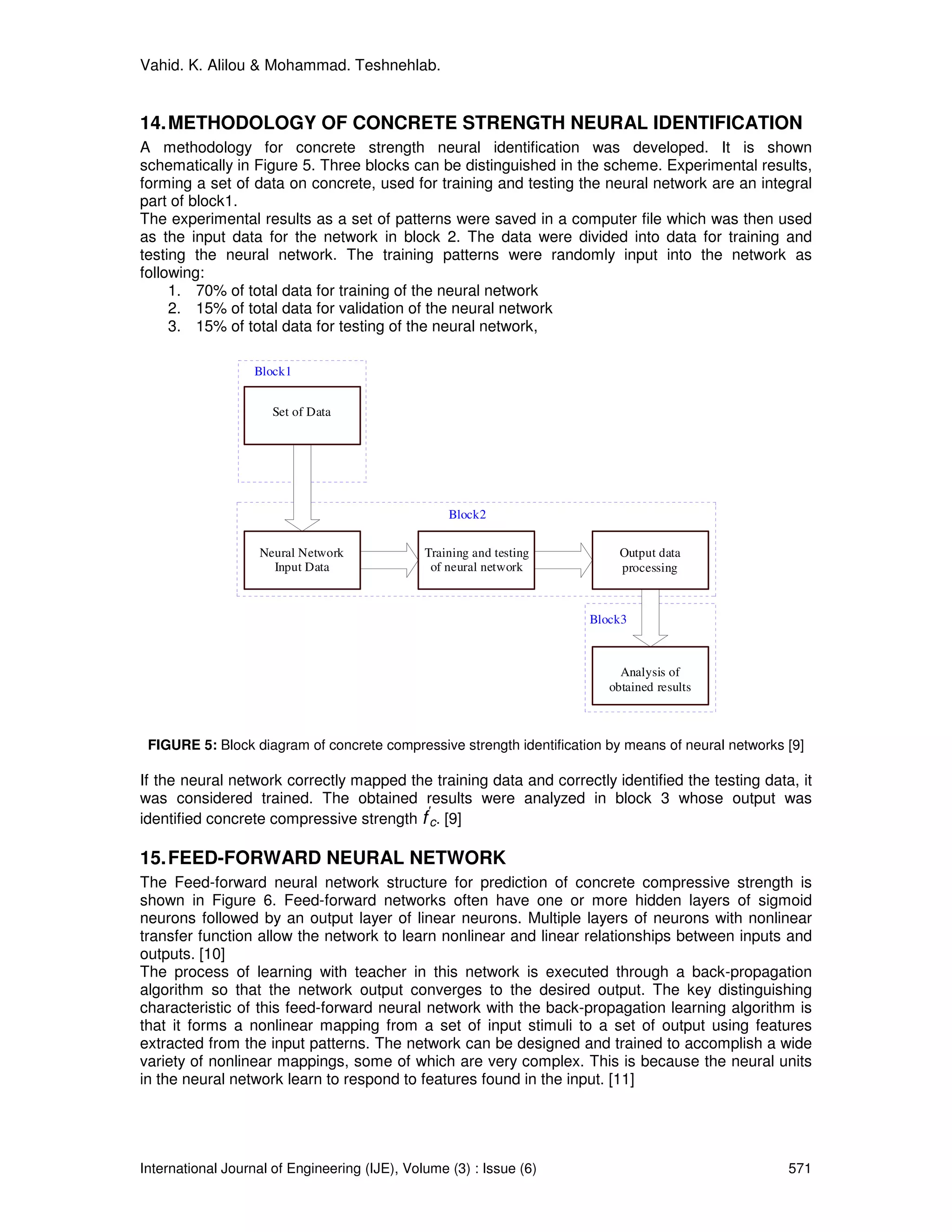 Vahid. K. Alilou & Mohammad. Teshnehlab.


14. METHODOLOGY OF CONCRETE STRENGTH NEURAL IDENTIFICATION
A methodology for concrete strength neural identification was developed. It is shown
schematically in Figure 5. Three blocks can be distinguished in the scheme. Experimental results,
forming a set of data on concrete, used for training and testing the neural network are an integral
part of block1.
The experimental results as a set of patterns were saved in a computer file which was then used
as the input data for the network in block 2. The data were divided into data for training and
testing the neural network. The training patterns were randomly input into the network as
following:
     1. 70% of total data for training of the neural network
     2. 15% of total data for validation of the neural network
     3. 15% of total data for testing of the neural network,

                   Block1


                      Set of Data




                                                   Block2


                   Neural Network              Training and testing        Output data
                     Input Data                 of neural network          processing



                                                                      Block3



                                                                           Analysis of
                                                                         obtained results



 FIGURE 5: Block diagram of concrete compressive strength identification by means of neural networks [9]

If the neural network correctly mapped the training data and correctly identified the testing data, it
was considered trained. The obtained results were analyzed in block 3 whose output was
                                          '
identified concrete compressive strength f c. [9]

15. FEED-FORWARD NEURAL NETWORK
The Feed-forward neural network structure for prediction of concrete compressive strength is
shown in Figure 6. Feed-forward networks often have one or more hidden layers of sigmoid
neurons followed by an output layer of linear neurons. Multiple layers of neurons with nonlinear
transfer function allow the network to learn nonlinear and linear relationships between inputs and
outputs. [10]
The process of learning with teacher in this network is executed through a back-propagation
algorithm so that the network output converges to the desired output. The key distinguishing
characteristic of this feed-forward neural network with the back-propagation learning algorithm is
that it forms a nonlinear mapping from a set of input stimuli to a set of output using features
extracted from the input patterns. The network can be designed and trained to accomplish a wide
variety of nonlinear mappings, some of which are very complex. This is because the neural units
in the neural network learn to respond to features found in the input. [11]




International Journal of Engineering (IJE), Volume (3) : Issue (6)                                   571
 