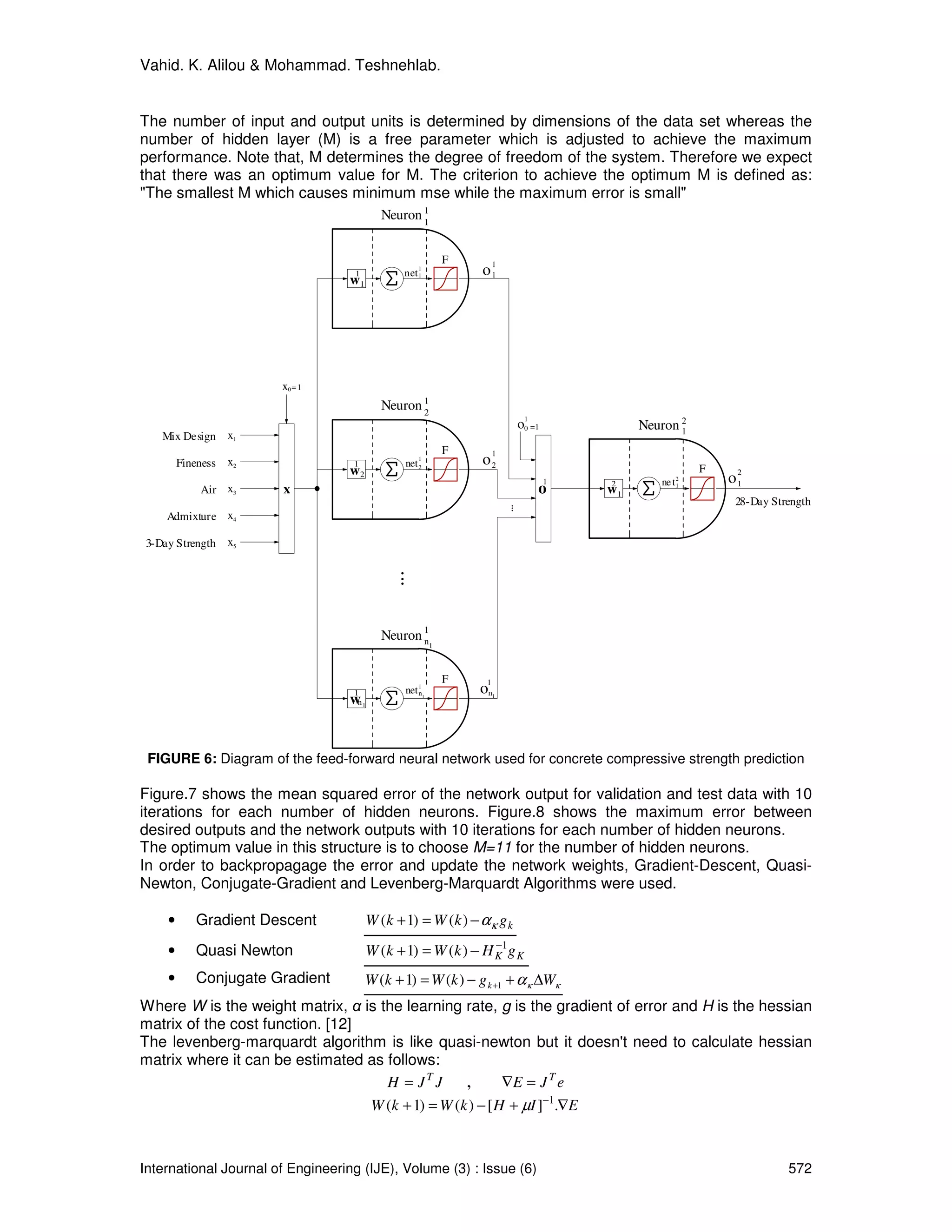 Vahid. K. Alilou & Mohammad. Teshnehlab.


The number of input and output units is determined by dimensions of the data set whereas the
number of hidden layer (M) is a free parameter which is adjusted to achieve the maximum
performance. Note that, M determines the degree of freedom of the system. Therefore we expect
that there was an optimum value for M. The criterion to achieve the optimum M is defined as:
"The smallest M which causes minimum mse while the maximum error is small"
                                           Neuron 1
                                                  1



                                                              F
                                   1
                                                    1
                                                net 1             o1
                                                                   1
                                  w1




                        x0 = 1
                                           Neuron 1
                                                  2
                                                                                  1
                                                                                 o0 =1            Neuron 2
                                                                                                         1
   Mix Design      x1
                                                              F        1
        Fineness   x2              1
                                                    1
                                                net 2             o2                                          F
                                  w2
                                                                                         1   2       ne t 2       o2
                                                                                                                   1
            Air x3      x                                                             o      w1           1


                                                                                                                   28-Day Strength
                                                                           ...
    Admixture x4

3-Day Strength     x5
                                             ...




                                           Neuron 1
                                                  n       1




                                                              F    1
                                   1            net 1 1
                                                    n             on
                                  w n1
                                                                       1




 FIGURE 6: Diagram of the feed-forward neural network used for concrete compressive strength prediction

Figure.7 shows the mean squared error of the network output for validation and test data with 10
iterations for each number of hidden neurons. Figure.8 shows the maximum error between
desired outputs and the network outputs with 10 iterations for each number of hidden neurons.
The optimum value in this structure is to choose M=11 for the number of hidden neurons.
In order to backpropagage the error and update the network weights, Gradient-Descent, Quasi-
Newton, Conjugate-Gradient and Levenberg-Marquardt Algorithms were used.

    •      Gradient Descent              W (k + 1) = W (k ) − α κ g k
    •      Quasi Newton                  W (k + 1) = W (k ) − H K1g K
                                                                −


    •      Conjugate Gradient          W (k + 1) = W (k ) − g k +1 + α κ ∆Wκ
Where W is the weight matrix, α is the learning rate, g is the gradient of error and H is the hessian
matrix of the cost function. [12]
The levenberg-marquardt algorithm is like quasi-newton but it doesn't need to calculate hessian
matrix where it can be estimated as follows:
                                    H = JT J      ,       ∇E = J T e
                                  W (k + 1) = W (k ) − [ H + µI ]−1.∇E



International Journal of Engineering (IJE), Volume (3) : Issue (6)                                                           572
 
