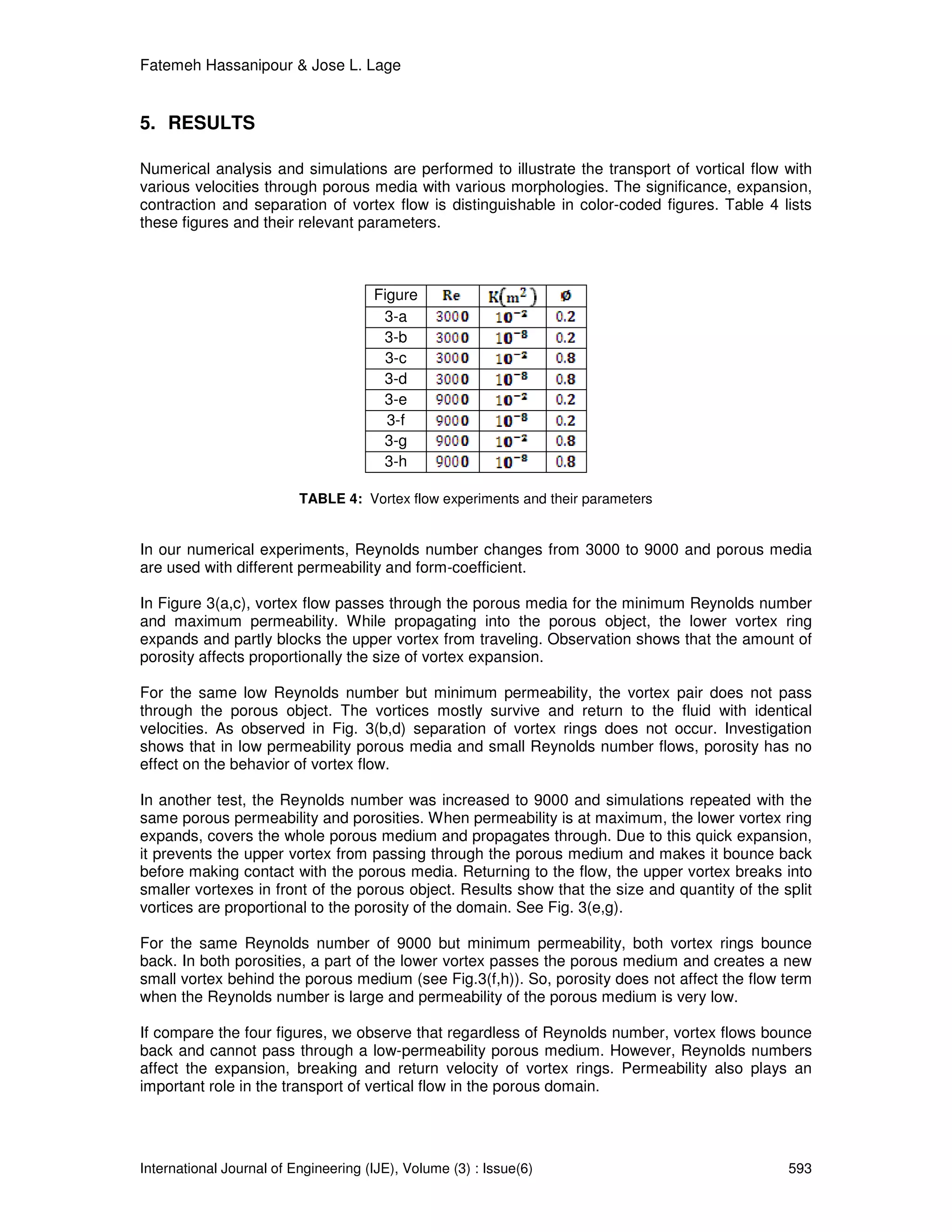 Fatemeh Hassanipour & Jose L. Lage


5. RESULTS

Numerical analysis and simulations are performed to illustrate the transport of vortical flow with
various velocities through porous media with various morphologies. The significance, expansion,
contraction and separation of vortex flow is distinguishable in color-coded figures. Table 4 lists
these figures and their relevant parameters.



                                      Figure
                                       3-a
                                       3-b
                                        3-c
                                       3-d
                                       3-e
                                        3-f
                                       3-g
                                       3-h

                          TABLE 4: Vortex flow experiments and their parameters


In our numerical experiments, Reynolds number changes from 3000 to 9000 and porous media
are used with different permeability and form-coefficient.

In Figure 3(a,c), vortex flow passes through the porous media for the minimum Reynolds number
and maximum permeability. While propagating into the porous object, the lower vortex ring
expands and partly blocks the upper vortex from traveling. Observation shows that the amount of
porosity affects proportionally the size of vortex expansion.

For the same low Reynolds number but minimum permeability, the vortex pair does not pass
through the porous object. The vortices mostly survive and return to the fluid with identical
velocities. As observed in Fig. 3(b,d) separation of vortex rings does not occur. Investigation
shows that in low permeability porous media and small Reynolds number flows, porosity has no
effect on the behavior of vortex flow.

In another test, the Reynolds number was increased to 9000 and simulations repeated with the
same porous permeability and porosities. When permeability is at maximum, the lower vortex ring
expands, covers the whole porous medium and propagates through. Due to this quick expansion,
it prevents the upper vortex from passing through the porous medium and makes it bounce back
before making contact with the porous media. Returning to the flow, the upper vortex breaks into
smaller vortexes in front of the porous object. Results show that the size and quantity of the split
vortices are proportional to the porosity of the domain. See Fig. 3(e,g).

For the same Reynolds number of 9000 but minimum permeability, both vortex rings bounce
back. In both porosities, a part of the lower vortex passes the porous medium and creates a new
small vortex behind the porous medium (see Fig.3(f,h)). So, porosity does not affect the flow term
when the Reynolds number is large and permeability of the porous medium is very low.

If compare the four figures, we observe that regardless of Reynolds number, vortex flows bounce
back and cannot pass through a low-permeability porous medium. However, Reynolds numbers
affect the expansion, breaking and return velocity of vortex rings. Permeability also plays an
important role in the transport of vertical flow in the porous domain.




International Journal of Engineering (IJE), Volume (3) : Issue(6)                               593
 