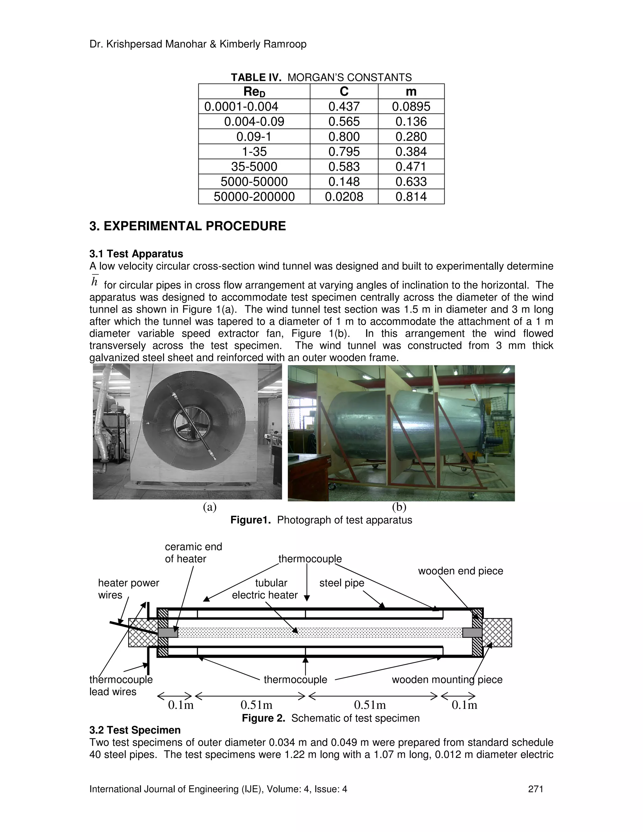 Dr. Krishpersad Manohar & Kimberly Ramroop


                                  TABLE IV. MORGAN’S CONSTANTS
                                   ReD                      C                m
                            0.0001-0.004                 0.437            0.0895
                                0.004-0.09                0.565            0.136
                                  0.09-1                 0.800             0.280
                                   1-35                  0.795            0.384
                                 35-5000                  0.583            0.471
                               5000-50000                0.148             0.633
                              50000-200000               0.0208            0.814

3. EXPERIMENTAL PROCEDURE

3.1 Test Apparatus
A low velocity circular cross-section wind tunnel was designed and built to experimentally determine
h for circular pipes in cross flow arrangement at varying angles of inclination to the horizontal. The
apparatus was designed to accommodate test specimen centrally across the diameter of the wind
tunnel as shown in Figure 1(a). The wind tunnel test section was 1.5 m in diameter and 3 m long
after which the tunnel was tapered to a diameter of 1 m to accommodate the attachment of a 1 m
diameter variable speed extractor fan, Figure 1(b). In this arrangement the wind flowed
transversely across the test specimen. The wind tunnel was constructed from 3 mm thick
galvanized steel sheet and reinforced with an outer wooden frame.




                           (a)                                            (b)
                                  Figure1. Photograph of test apparatus

                  ceramic end
                  of heater                   thermocouple
                                                                                wooden end piece
  heater power                         tubular          steel pipe
  wires                           electric heater




thermocouple                              thermocouple                    wooden mounting piece
lead wires
                   0.1m             0.51m                         0.51m               0.1m
                                     Figure 2. Schematic of test specimen
3.2 Test Specimen
Two test specimens of outer diameter 0.034 m and 0.049 m were prepared from standard schedule
40 steel pipes. The test specimens were 1.22 m long with a 1.07 m long, 0.012 m diameter electric


International Journal of Engineering (IJE), Volume: 4, Issue: 4                                    271
 