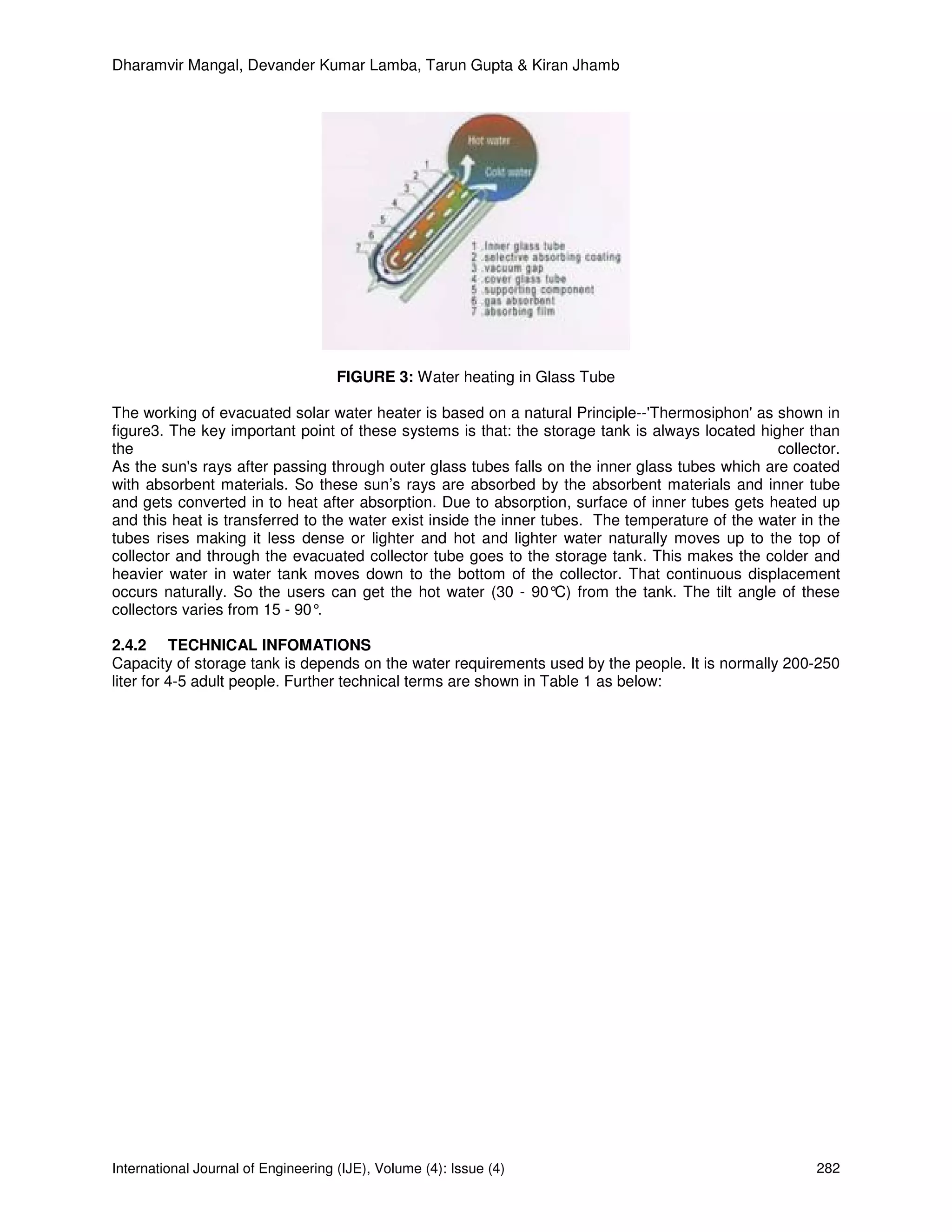 Dharamvir Mangal, Devander Kumar Lamba, Tarun Gupta & Kiran Jhamb




                                     FIGURE 3: Water heating in Glass Tube

The working of evacuated solar water heater is based on a natural Principle--'Thermosiphon' as shown in
figure3. The key important point of these systems is that: the storage tank is always located higher than
the                                                                                              collector.
As the sun's rays after passing through outer glass tubes falls on the inner glass tubes which are coated
with absorbent materials. So these sun’s rays are absorbed by the absorbent materials and inner tube
and gets converted in to heat after absorption. Due to absorption, surface of inner tubes gets heated up
and this heat is transferred to the water exist inside the inner tubes. The temperature of the water in the
tubes rises making it less dense or lighter and hot and lighter water naturally moves up to the top of
collector and through the evacuated collector tube goes to the storage tank. This makes the colder and
heavier water in water tank moves down to the bottom of the collector. That continuous displacement
occurs naturally. So the users can get the hot water (30 - 90° from the tank. The tilt angle of these
                                                                   C)
collectors varies from 15 - 90°.

2.4.2 TECHNICAL INFOMATIONS
Capacity of storage tank is depends on the water requirements used by the people. It is normally 200-250
liter for 4-5 adult people. Further technical terms are shown in Table 1 as below:




International Journal of Engineering (IJE), Volume (4): Issue (4)                                      282
 