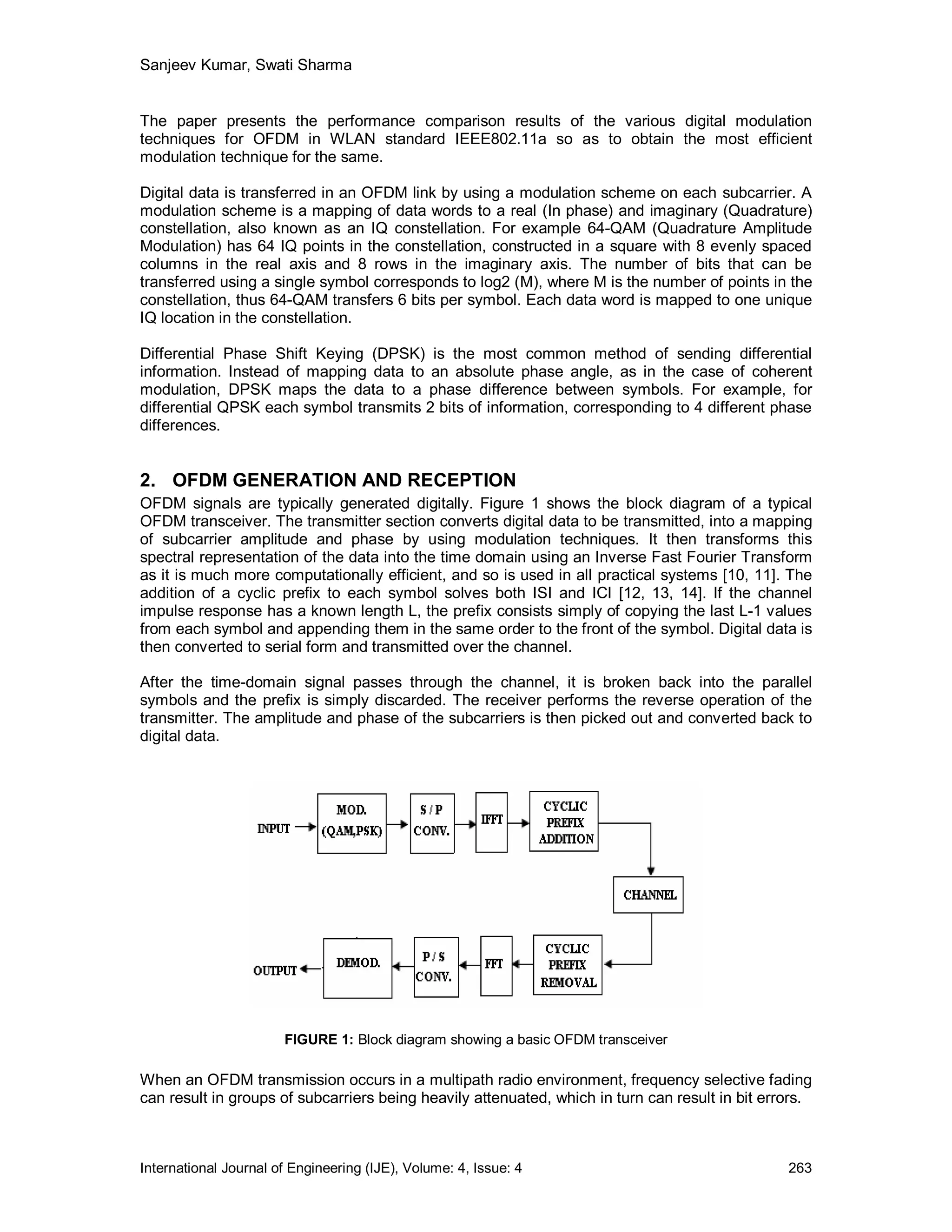 Sanjeev Kumar, Swati Sharma


The paper presents the performance comparison results of the various digital modulation
techniques for OFDM in WLAN standard IEEE802.11a so as to obtain the most efficient
modulation technique for the same.

Digital data is transferred in an OFDM link by using a modulation scheme on each subcarrier. A
modulation scheme is a mapping of data words to a real (In phase) and imaginary (Quadrature)
constellation, also known as an IQ constellation. For example 64-QAM (Quadrature Amplitude
Modulation) has 64 IQ points in the constellation, constructed in a square with 8 evenly spaced
columns in the real axis and 8 rows in the imaginary axis. The number of bits that can be
transferred using a single symbol corresponds to log2 (M), where M is the number of points in the
constellation, thus 64-QAM transfers 6 bits per symbol. Each data word is mapped to one unique
IQ location in the constellation.

Differential Phase Shift Keying (DPSK) is the most common method of sending differential
information. Instead of mapping data to an absolute phase angle, as in the case of coherent
modulation, DPSK maps the data to a phase difference between symbols. For example, for
differential QPSK each symbol transmits 2 bits of information, corresponding to 4 different phase
differences.


2. OFDM GENERATION AND RECEPTION
OFDM signals are typically generated digitally. Figure 1 shows the block diagram of a typical
OFDM transceiver. The transmitter section converts digital data to be transmitted, into a mapping
of subcarrier amplitude and phase by using modulation techniques. It then transforms this
spectral representation of the data into the time domain using an Inverse Fast Fourier Transform
as it is much more computationally efficient, and so is used in all practical systems [10, 11]. The
addition of a cyclic prefix to each symbol solves both ISI and ICI [12, 13, 14]. If the channel
impulse response has a known length L, the prefix consists simply of copying the last L-1 values
from each symbol and appending them in the same order to the front of the symbol. Digital data is
then converted to serial form and transmitted over the channel.

After the time-domain signal passes through the channel, it is broken back into the parallel
symbols and the prefix is simply discarded. The receiver performs the reverse operation of the
transmitter. The amplitude and phase of the subcarriers is then picked out and converted back to
digital data.




                       FIGURE 1: Block diagram showing a basic OFDM transceiver

When an OFDM transmission occurs in a multipath radio environment, frequency selective fading
can result in groups of subcarriers being heavily attenuated, which in turn can result in bit errors.



International Journal of Engineering (IJE), Volume: 4, Issue: 4                                  263
 