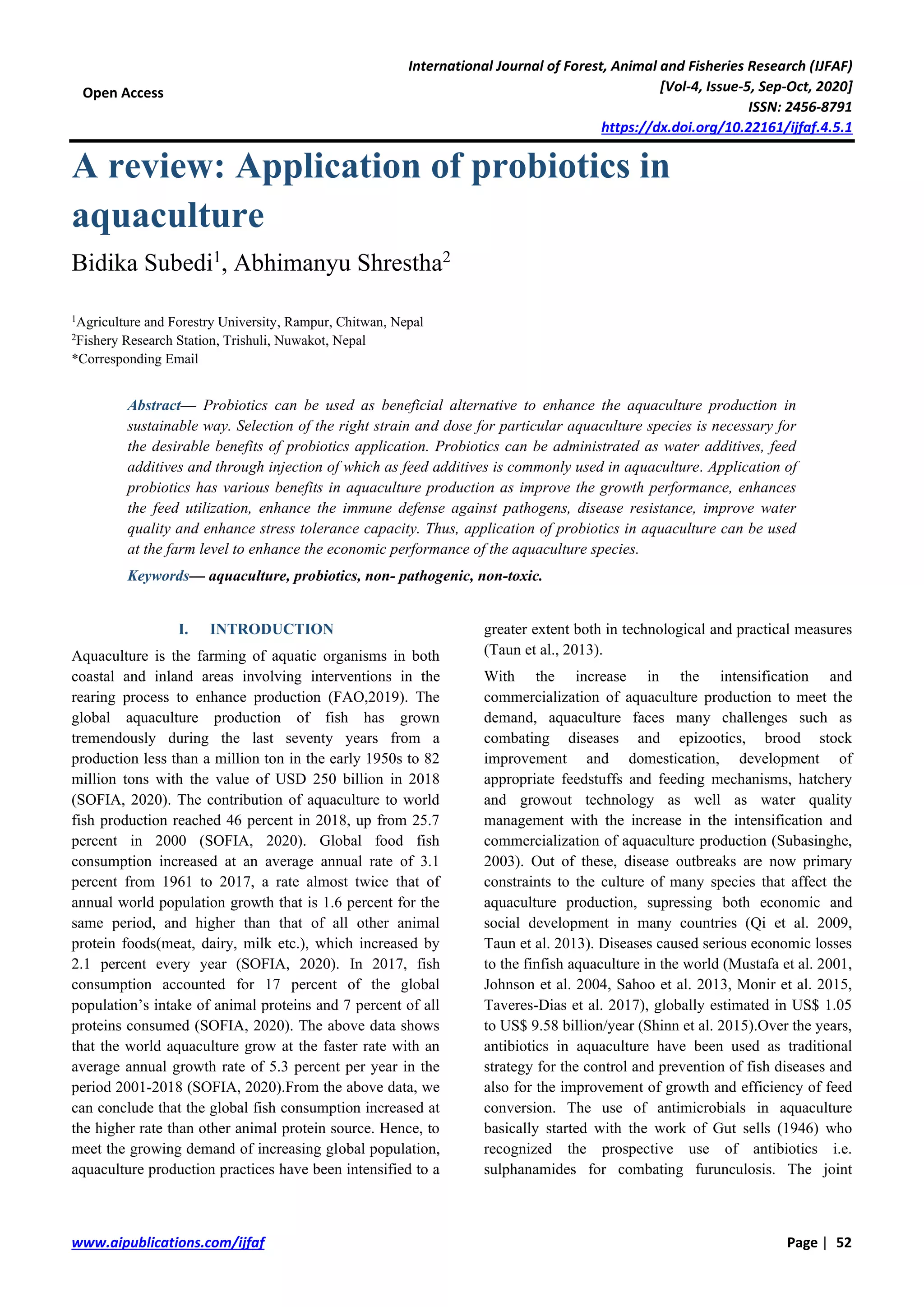 A review: Application of probiotics in aquaculture | PDF