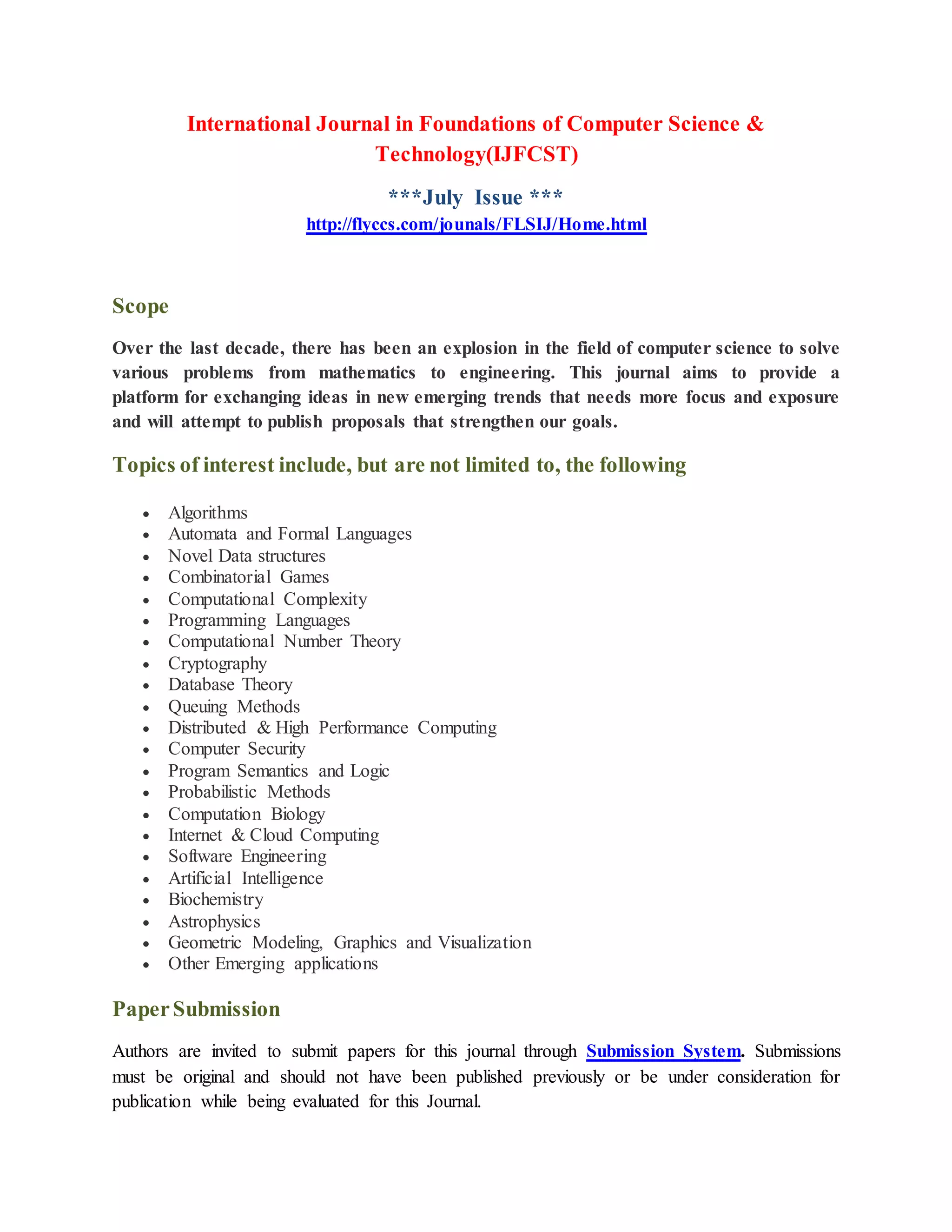International Journal In Foundations Of Computer Science Technology