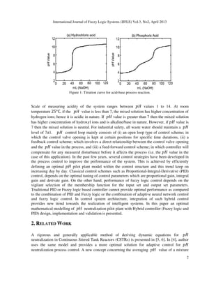 International Journal of Fuzzy Logic Systems (IJFLS) Vol.3, No2, April 2013
2
Figure 1: Titration curve for acid-base process reaction.
Scale of measuring acidity of the system ranges between ‫ܪ݌‬ values 1 to 14. At room
temperature	25°C, if the ‫ܪ݌‬ value is less than 7, the mixed solution has higher concentration of
hydrogen ions; hence it is acidic in nature. If ‫ܪ݌‬ value is greater than 7 then the mixed solution
has higher concentration of hydroxyl ions and is alkaline/base in nature. However, if ‫ܪ݌‬ value is
7 then the mixed solution is neutral. For industrial safety, all waste water should maintain a ‫ܪ݌‬
level of 7±1. ‫ܪ݌‬ control loop mainly consists of (i) an open loop type of control scheme; in
which the control valve opening is kept at certain positions for specific time durations, (ii) a
feedback control scheme; which involves a direct relationship between the control valve opening
and the ‫ܪ݌‬ value in the process, and (iii) a feed-forward control scheme; in which controller will
compensate for any measured disturbance before it affects the process (i.e. the ‫ܪ݌‬ value in the
case of this application). In the past few years, several control strategies have been developed in
the process control to improve the performance of the system. This is achieved by efficiently
defining an optimal ‫ܪ݌‬ pilot plant model within the control structure and this trend keep on
increasing day by day. Classical control schemes such as Proportional-Integral-Derivative (PID)
control, depends on the optimal tuning of control parameters which are proportional gain, integral
gain and derivate gain. On the other hand, performance of fuzzy logic control depends on the
vigilant selection of the membership function for the input set and output set parameters.
Traditional PID or Fuzzy logic based controller cannot provide optimal performance as compared
to the combination of PID and Fuzzy logic or the combination of adaptive neural network control
and fuzzy logic control. In control system architecture, integration of such hybrid control
provides new trend towards the realization of intelligent systems. In this paper an optimal
mathematical modelling of ‫ܪ݌‬ neutralization pilot plant with Hybrid controller (Fuzzy logic and
PID) design, implementation and validation is presented.
2. RELATED WORK
A rigorous and generally applicable method of deriving dynamic equations for ‫ܪ݌‬
neutralization in Continuous Stirred Tank Reactors (CSTRs) is presented in [5, 6]. In [4], author
uses the same model and provides a more optimal solution for adaptive control for ‫ܪ݌‬
neutralization process control. A new concept concerning the averaging ‫ܪ݌‬ value of a mixture
 