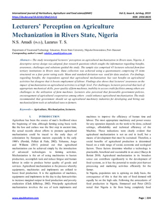 Lecturers’ Perception on Agriculture Mechanization in Rivers State, Nigeria