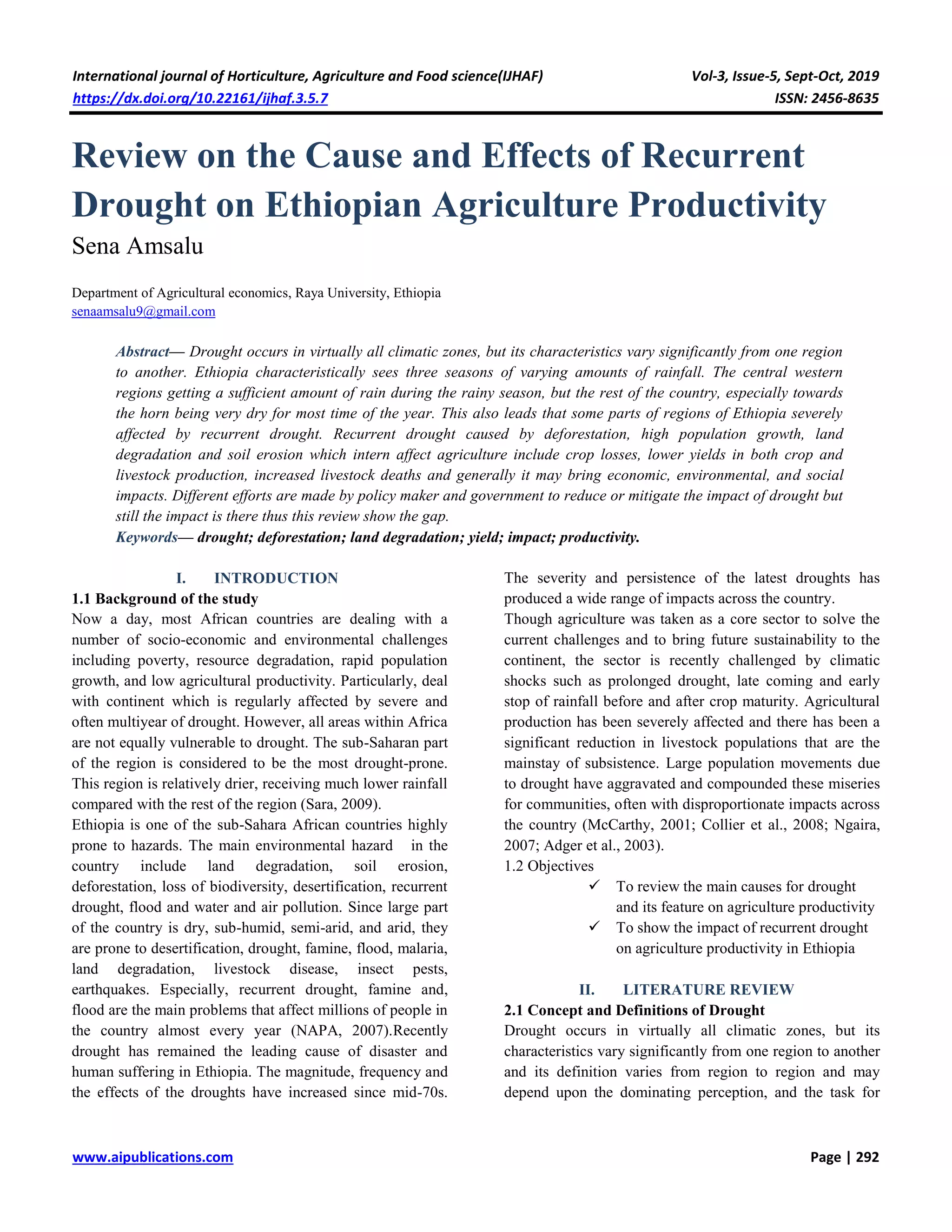 Review on the Cause and Effects of Recurrent Drought on Ethiopian ...