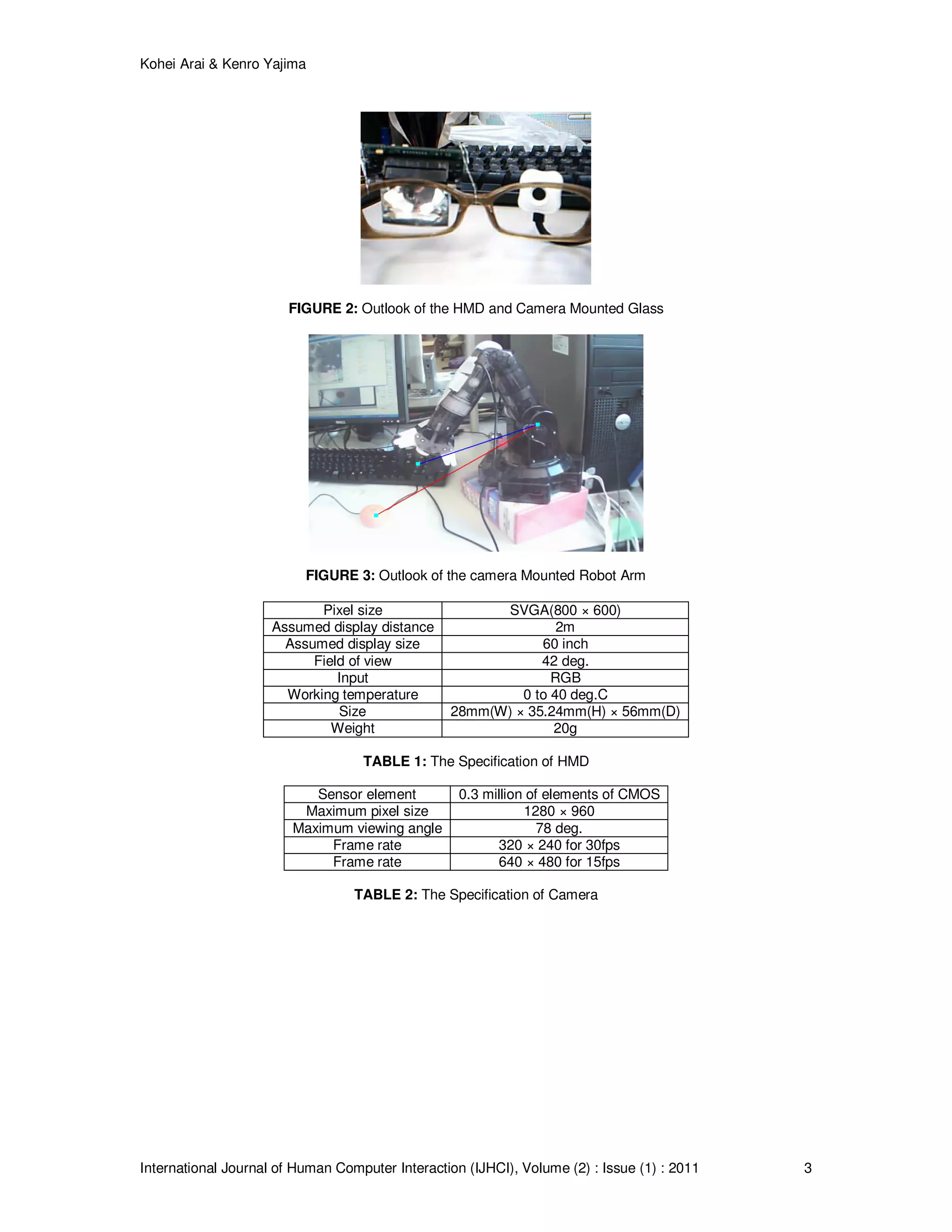 Kohei Arai & Kenro Yajima
International Journal of Human Computer Interaction (IJHCI), Volume (2) : Issue (1) : 2011 3
FIGURE 2: Outlook of the HMD and Camera Mounted Glass
FIGURE 3: Outlook of the camera Mounted Robot Arm
Pixel size SVGA(800 × 600)
Assumed display distance 2m
Assumed display size 60 inch
Field of view 42 deg.
Input RGB
Working temperature 0 to 40 deg.C
Size 28mm(W) × 35.24mm(H) × 56mm(D)
Weight 20g
TABLE 1: The Specification of HMD
Sensor element 0.3 million of elements of CMOS
Maximum pixel size 1280 × 960
Maximum viewing angle 78 deg.
Frame rate 320 × 240 for 30fps
Frame rate 640 × 480 for 15fps
TABLE 2: The Specification of Camera
 