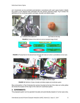 Kohei Arai & Kenro Yajima
International Journal of Human Computer Interaction (IJHCI), Volume (2) : Issue (1) : 2011 6
arm movements can be controlled automatically in accordance with user’s gaze location (ideally
the center of the desired food) estimated with the camera acquired image. Fig.10 shows the
definitions of the coordinate system and base, shoulder and elbow angles.
(a) Outlook of the robot arm (b) Food on the tray
FIGURE 8: Outlook of the robot arm and an example image of food.
FIGURE 9: Process flow for the desired food retrievals with robot arm which is controlled by human eyes
only.
θ1: Base angle, θ2: Shoulder angle, θ3: Elbow angle
FIGURE 10: Definition of base, shoulder and elbow angles and coordinate system
Blue circle portion in Fig.10 denotes the camera mounted at the tip of the robot arm while yellow
dot shows the location of the origin of the robot arm coordinate system.
3. EXPERIMENTS
The proposed system can be operated manually and automatically (based on human eyes only).
 
