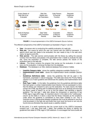 Alexiei Dingli & Justin Mifsud
International Journal of Human Computer Interaction (IJHCI), Volume (2) : Issue (1) : 2011 13
FIGURE 1: A visual representation of the USEFul framework (Source: Authors)
The different components of the USEFul framework as illustrated in Figure 1 are the:
• User - the person who is conducting the usability evaluation of a web site
• Web site - the means by which the user can interact with the USEFul framework. To
specify which web site needs to be evaluated, the user needs to key in the web site's
name, its tag line and URL.
• Web service - The web service communicates with the library by calling the execute
function from the library and passes it the parameters that it needs to evaluate the web
site. Once the evaluation is complete, the web service passes the results of the
evaluation back to the web site.
• Library - The library contains the program that carries out the evaluation. In order to
carry out the evaluation, it retrieves the data from the database.
• Database - The database is an SQL relational database that contains 4 tables
o Usability Category table - stores the usability categories available (Section 3.1)
o Implementation Level table - stores the implementation levels available (Section
3.2)
o Guidelines Definitions table - stores the guidelines that will be used in the
framework, expressed in natural language. This table also stores the Priority Rating
(Section 3.2) of each guideline and references the usability and implementation level
tables.
o Rule Type 1 table - In this table, the guidelines from the guidelines definitions table
that have green or amber implementation level (Section 3.2) are expressed in a form
that the library can interpret to carry out the evaluation. For each record, the fields
contain the HTML tag along with its additional data such as its attribute and size that
the library needs to search for so as to find the pattern that identifies a specific
guideline. The rule type 1 table also allows the comparison or searching of two
HTML tags or tags within tags. An important column in this table is the "ruleSuccess"
column as the fields in it store a value that the library interprets as the conditions
under which the guideline is considered to have been violated or not. This is
important since it distinguishes between guidelines that must be adhered to and thus
must be present in the web site and those that must never be found or can only be
found once as otherwise they would cause a usability violation.
At this point, it is worth mentioning that the current build of the USEFul framework
contains just 1 rule type (Rule type 1 table), that enables the library to identify the
guidelines that relate to HTML tags or CSS selectors. It is envisaged that future builds will
 