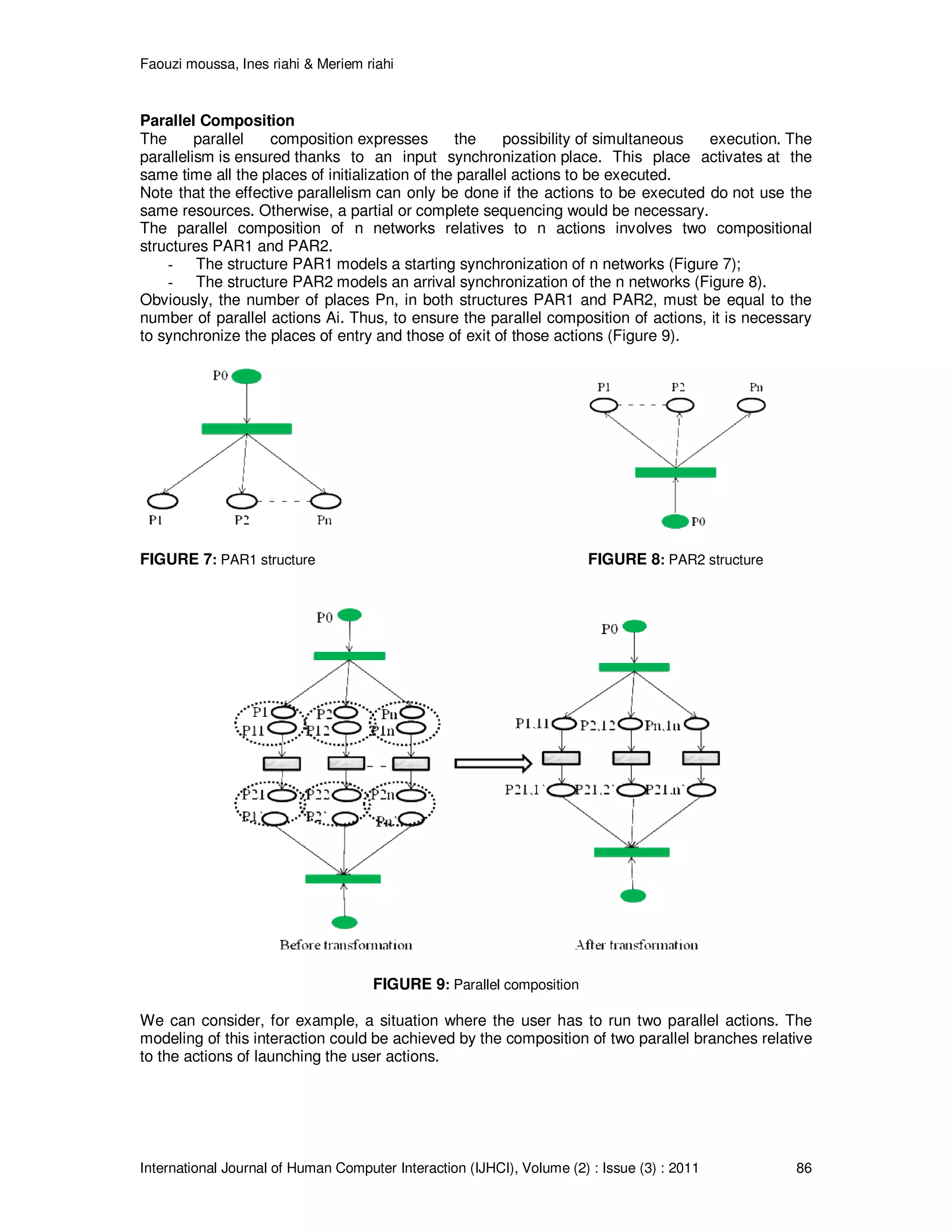 Faouzi moussa, Ines riahi & Meriem riahi
International Journal of Human Computer Interaction (IJHCI), Volume (2) : Issue (3) : 2011 86
Parallel Composition
The parallel composition expresses the possibility of simultaneous execution. The
parallelism is ensured thanks to an input synchronization place. This place activates at the
same time all the places of initialization of the parallel actions to be executed.
Note that the effective parallelism can only be done if the actions to be executed do not use the
same resources. Otherwise, a partial or complete sequencing would be necessary.
The parallel composition of n networks relatives to n actions involves two compositional
structures PAR1 and PAR2.
- The structure PAR1 models a starting synchronization of n networks (Figure 7);
- The structure PAR2 models an arrival synchronization of the n networks (Figure 8).
Obviously, the number of places Pn, in both structures PAR1 and PAR2, must be equal to the
number of parallel actions Ai. Thus, to ensure the parallel composition of actions, it is necessary
to synchronize the places of entry and those of exit of those actions (Figure 9).
FIGURE 7: PAR1 structure FIGURE 8: PAR2 structure
FIGURE 9: Parallel composition
We can consider, for example, a situation where the user has to run two parallel actions. The
modeling of this interaction could be achieved by the composition of two parallel branches relative
to the actions of launching the user actions.
 
