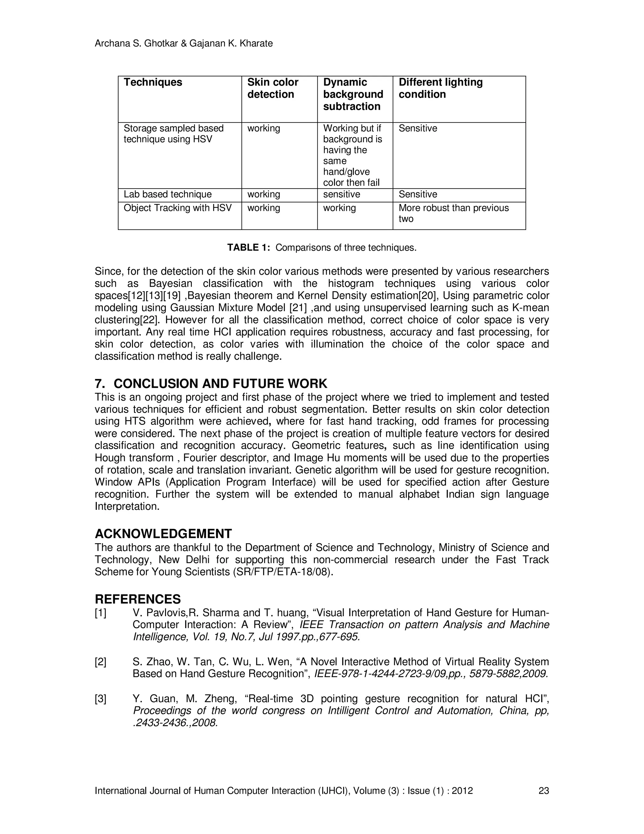 Archana S. Ghotkar & Gajanan K. Kharate
International Journal of Human Computer Interaction (IJHCI), Volume (3) : Issue (1) : 2012 23
Techniques Skin color
detection
Dynamic
background
subtraction
Different lighting
condition
Storage sampled based
technique using HSV
working Working but if
background is
having the
same
hand/glove
color then fail
Sensitive
Lab based technique working sensitive Sensitive
Object Tracking with HSV working working More robust than previous
two
TABLE 1: Comparisons of three techniques.
Since, for the detection of the skin color various methods were presented by various researchers
such as Bayesian classification with the histogram techniques using various color
spaces[12][13][19] ,Bayesian theorem and Kernel Density estimation[20], Using parametric color
modeling using Gaussian Mixture Model [21] ,and using unsupervised learning such as K-mean
clustering[22]. However for all the classification method, correct choice of color space is very
important. Any real time HCI application requires robustness, accuracy and fast processing, for
skin color detection, as color varies with illumination the choice of the color space and
classification method is really challenge.
7. CONCLUSION AND FUTURE WORK
This is an ongoing project and first phase of the project where we tried to implement and tested
various techniques for efficient and robust segmentation. Better results on skin color detection
using HTS algorithm were achieved, where for fast hand tracking, odd frames for processing
were considered. The next phase of the project is creation of multiple feature vectors for desired
classification and recognition accuracy. Geometric features, such as line identification using
Hough transform , Fourier descriptor, and Image Hu moments will be used due to the properties
of rotation, scale and translation invariant. Genetic algorithm will be used for gesture recognition.
Window APIs (Application Program Interface) will be used for specified action after Gesture
recognition. Further the system will be extended to manual alphabet Indian sign language
Interpretation.
ACKNOWLEDGEMENT
The authors are thankful to the Department of Science and Technology, Ministry of Science and
Technology, New Delhi for supporting this non-commercial research under the Fast Track
Scheme for Young Scientists (SR/FTP/ETA-18/08).
REFERENCES
[1] V. Pavlovis,R. Sharma and T. huang, “Visual Interpretation of Hand Gesture for Human-
Computer Interaction: A Review”, IEEE Transaction on pattern Analysis and Machine
Intelligence, Vol. 19, No.7, Jul 1997.pp.,677-695.
[2] S. Zhao, W. Tan, C. Wu, L. Wen, “A Novel Interactive Method of Virtual Reality System
Based on Hand Gesture Recognition”, IEEE-978-1-4244-2723-9/09,pp., 5879-5882,2009.
[3] Y. Guan, M. Zheng, “Real-time 3D pointing gesture recognition for natural HCI”,
Proceedings of the world congress on Intilligent Control and Automation, China, pp,
.2433-2436.,2008.
 