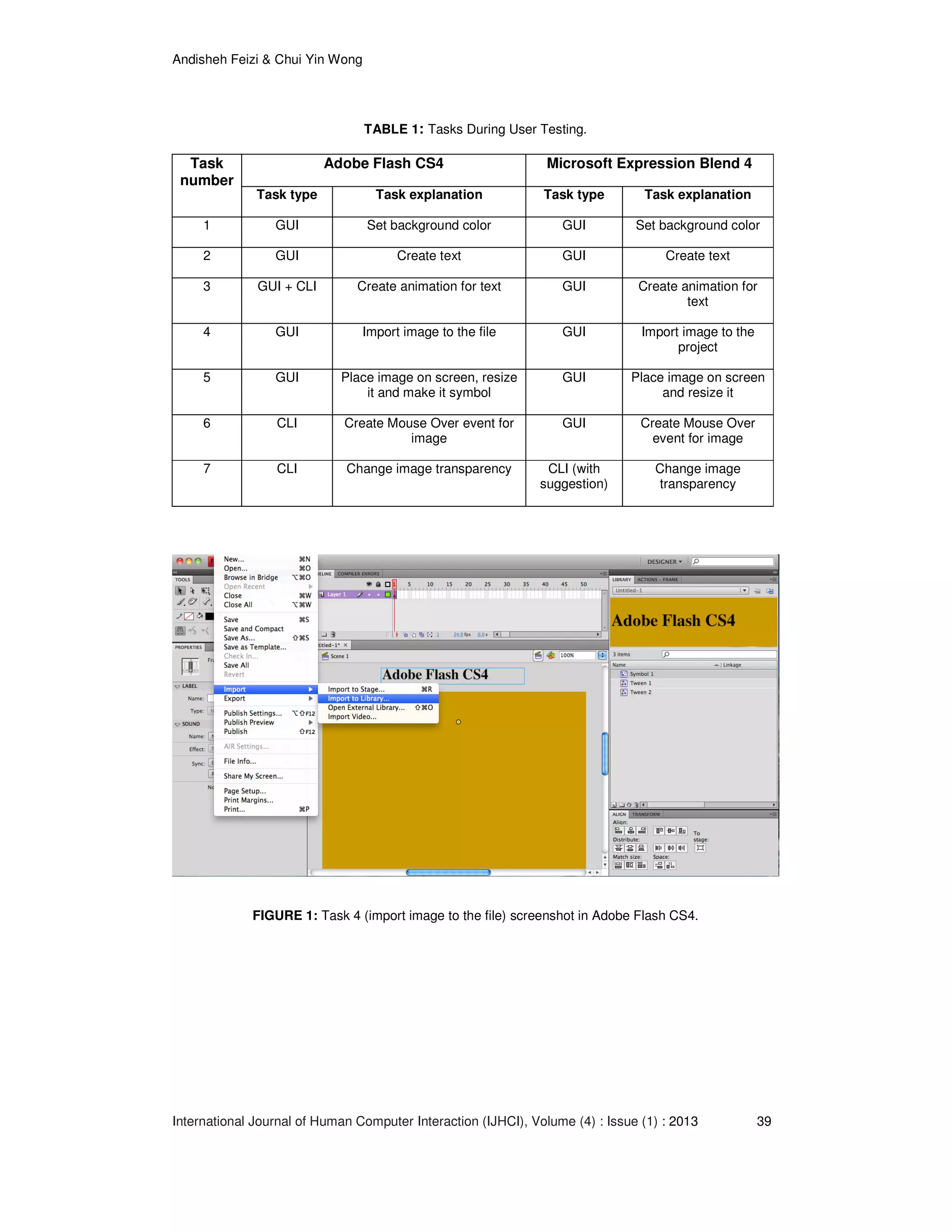Andisheh Feizi & Chui Yin Wong
International Journal of Human Computer Interaction (IJHCI), Volume (4) : Issue (1) : 2013 39
TABLE 1: Tasks During User Testing.
Task
number
Adobe Flash CS4 Microsoft Expression Blend 4
Task type Task explanation Task type Task explanation
1 GUI Set background color GUI Set background color
2 GUI Create text GUI Create text
3 GUI + CLI Create animation for text GUI Create animation for
text
4 GUI Import image to the file GUI Import image to the
project
5 GUI Place image on screen, resize
it and make it symbol
GUI Place image on screen
and resize it
6 CLI Create Mouse Over event for
image
GUI Create Mouse Over
event for image
7 CLI Change image transparency CLI (with
suggestion)
Change image
transparency
FIGURE 1: Task 4 (import image to the file) screenshot in Adobe Flash CS4.
 