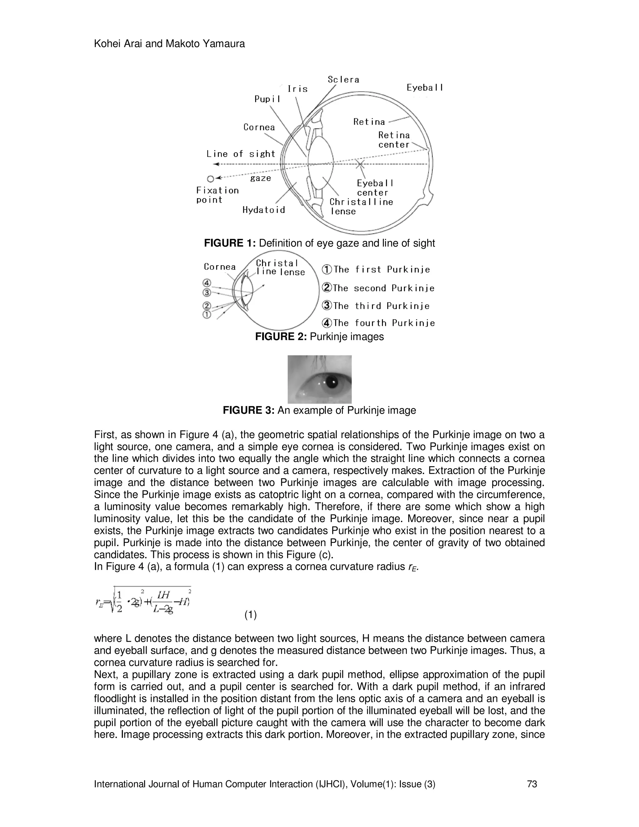 Kohei Arai and Makoto Yamaura
International Journal of Human Computer Interaction (IJHCI), Volume(1): Issue (3) 73
FIGURE 1: Definition of eye gaze and line of sight
FIGURE 2: Purkinje images
FIGURE 3: An example of Purkinje image
First, as shown in Figure 4 (a), the geometric spatial relationships of the Purkinje image on two a
light source, one camera, and a simple eye cornea is considered. Two Purkinje images exist on
the line which divides into two equally the angle which the straight line which connects a cornea
center of curvature to a light source and a camera, respectively makes. Extraction of the Purkinje
image and the distance between two Purkinje images are calculable with image processing.
Since the Purkinje image exists as catoptric light on a cornea, compared with the circumference,
a luminosity value becomes remarkably high. Therefore, if there are some which show a high
luminosity value, let this be the candidate of the Purkinje image. Moreover, since near a pupil
exists, the Purkinje image extracts two candidates Purkinje who exist in the position nearest to a
pupil. Purkinje is made into the distance between Purkinje, the center of gravity of two obtained
candidates. This process is shown in this Figure (c).
In Figure 4 (a), a formula (1) can express a cornea curvature radius rE.
(1)
where L denotes the distance between two light sources, H means the distance between camera
and eyeball surface, and g denotes the measured distance between two Purkinje images. Thus, a
cornea curvature radius is searched for.
Next, a pupillary zone is extracted using a dark pupil method, ellipse approximation of the pupil
form is carried out, and a pupil center is searched for. With a dark pupil method, if an infrared
floodlight is installed in the position distant from the lens optic axis of a camera and an eyeball is
illuminated, the reflection of light of the pupil portion of the illuminated eyeball will be lost, and the
pupil portion of the eyeball picture caught with the camera will use the character to become dark
here. Image processing extracts this dark portion. Moreover, in the extracted pupillary zone, since
 