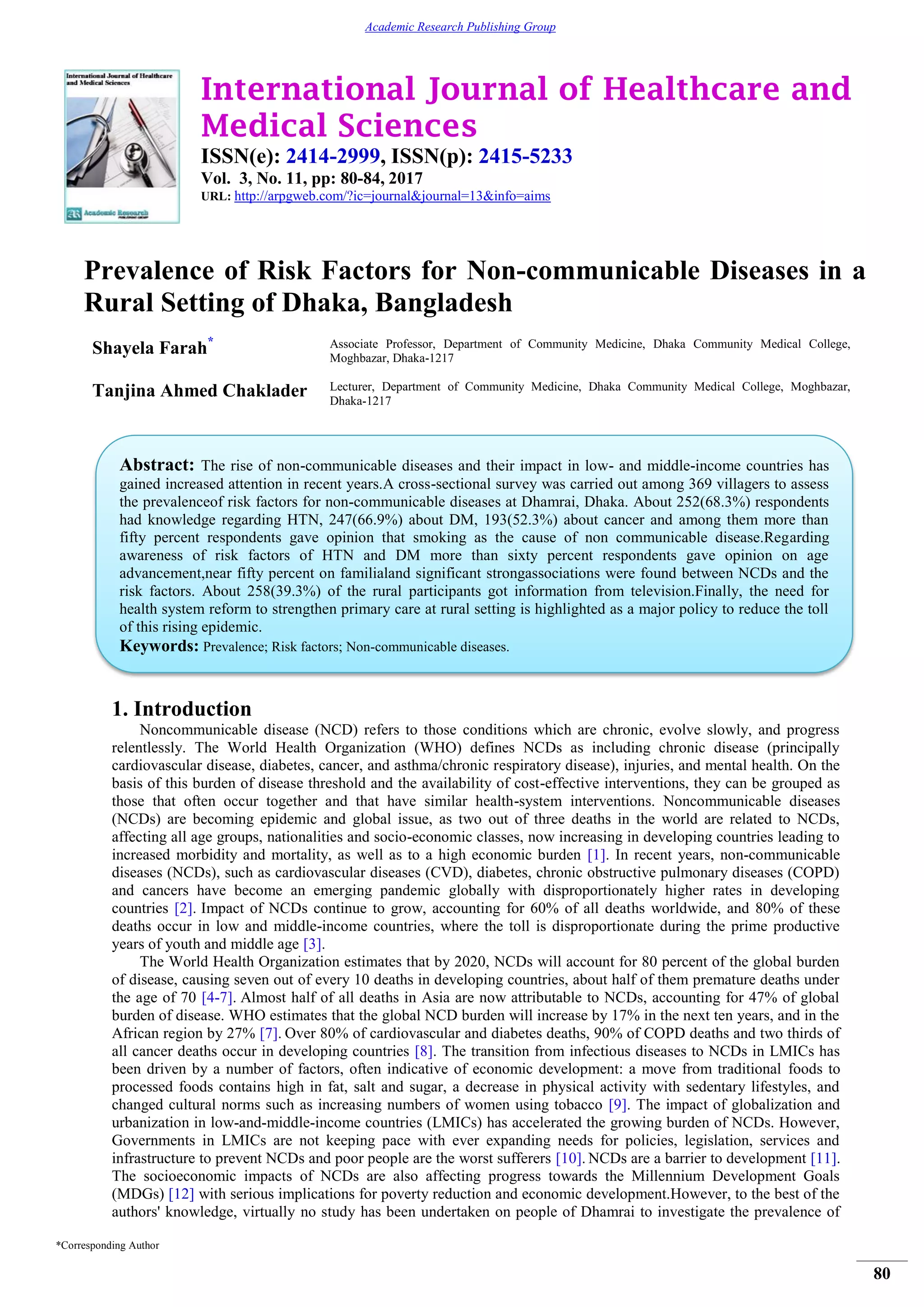 Prevalence of Risk Factors for Non-communicable Diseases in a Rural ...