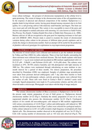 5323
ISSN: 2347-1697
International Journal of Informative & Futuristic Research (IJIFR)
Volume - 4, Issue -2, October 2016
Continuous 38th Edition, Page No: 5322-5326
P. D. Smitha, K. R. Binoy, Ashalatha S. Nair :: Cytological Analysis
Of Callus Cultures Of Diploid Musa Acuminata c.v.Njalipoovan
tissue culture technique the prospect of chromosome manipulation at the cellular level is
quite promising. The extent of change in the chromosomal status of the cell population may
be the response of physical and chemical composition of the medium. Njalipoovan is a
popular shade loving tolerant variety, having great demand among consumers due to its fruit
quality. It is a tall growing cultivar with relatively small bunches and fingers. The fruits are
very sweet and soft with thin peel. This variety is less susceptible to most of the pests and
diseases and adapted to rainfed cultivation with ratooning. It is also known as Safed Velchi,
Ney Poovan, Ney Kadali, Vadakan Kadali Deva bale or Elakki bale (Narayana et al., 2006).
Banana cultivars of AB are recognized as the gene pool for imparting resistance to leaf spot
and wilt (INIBAP, 2001). Present study is aimed to examine the extent of chromosomal
variation during callus culture in the presence of different plant growth regulators and to
clarify the change in chromosome number. Such an attempt will be useful for the production
of plantlets with novel genotypes for exploitation in crop improvement programme.
II. MATERIALS AND METHODS
The rhizome of sword suckers were collected and sterilized as per the methods developed
by Vidhya and Nair (2002) for callus induction. Three or four leaf sheaths surrounding the
shoot meristem were collected from sterilized rhizome. The leaf sheath explants with basal
meristem of ~ 1 sq cm were isolated and inoculated on MS medium supplemented with 2,4-
D (2.25 μM – 9.00μM ), and Picloram (0.414 μM - 16.56 μM) alone. The cultures were
incubated at 25ºC, 50-70% relative humidity and 16h photoperiod with light intensity of
3000 lux. The cultures were maintained through subculturing on same medium in one-
month interval for a period of three months. For mitosis preparation, the procedure
described by Fluminhan (1990) was employed. Samples of globular stage proembryoids
were taken from picloram derived embryogenic calli 7 day after their transfer to fresh
medium. As for non-embryogenic cultures, actively growing regions were collected from
the surface of calli. These calli were fixed in Carnoy’s fluid (1 alcohol:3 acetic acid)
overnight. Squash preparations were made in 1% acetocarmine solution, and the cells were
observed under a microscope. Photographs were taken with the help of image analyzer.
III. RESULTS
The somatic chromosome number of Musa acuminata cv.Njalipoovan is 2n=2x=22. In
the present study mitotic preparation of root of field grown cv. Njalipoovan showed
chromosome number 2n=22 (Fig.1). Similarly the mitotic preparation of root of in vitro
regenerated plantlet also possess the chromosome number 2n=22 (Fig.2). Cytological
analysis of two month old non-embryogenic calli induced in MS medium supplemented
with various concentrations of 2,4-D (Type 1 callus) and embryogenic calli induced on MS
medium fortified with picloram alone (Type 2 callus) were selected for cytological analysis.
Callus culture induced on 2,4-D (4.5 µM) revealed a high frequency of polyploid cells than
diploid cells. The chromosome number observed in the polyploid cell was 3n=33 (Fig.3).
Cells with varying number of chromosome such as >44 were also observed (Fig.4). The
 