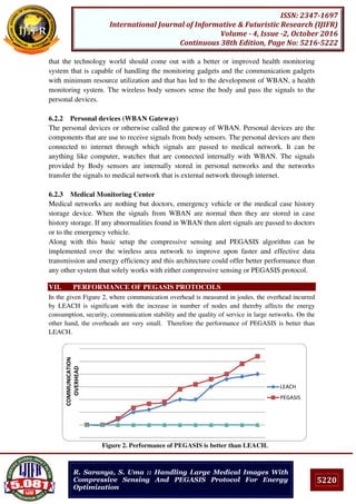 5220
ISSN: 2347-1697
International Journal of Informative & Futuristic Research (IJIFR)
Volume - 4, Issue -2, October 2016
Continuous 38th Edition, Page No: 5216-5222
R. Saranya, S. Uma :: Handling Large Medical Images With
Compressive Sensing And PEGASIS Protocol For Energy
Optimization
that the technology world should come out with a better or improved health monitoring
system that is capable of handling the monitoring gadgets and the communication gadgets
with minimum resource utilization and that has led to the development of WBAN, a health
monitoring system. The wireless body sensors sense the body and pass the signals to the
personal devices.
6.2.2 Personal devices (WBAN Gateway)
The personal devices or otherwise called the gateway of WBAN. Personal devices are the
components that are use to receive signals from body sensors. The personal devices are then
connected to internet through which signals are passed to medical network. It can be
anything like computer, watches that are connected internally with WBAN. The signals
provided by Body sensors are internally stored in personal networks and the networks
transfer the signals to medical network that is external network through internet.
6.2.3 Medical Monitoring Center
Medical networks are nothing but doctors, emergency vehicle or the medical case history
storage device. When the signals from WBAN are normal then they are stored in case
history storage. If any abnormalities found in WBAN then alert signals are passed to doctors
or to the emergency vehicle.
Along with this basic setup the compressive sensing and PEGASIS algorithm can be
implemented over the wireless area network to improve upon faster and effective data
transmission and energy efficiency and this architecture could offer better performance than
any other system that solely works with either compressive sensing or PEGASIS protocol.
VII. PERFORMANCE OF PEGASIS PROTOCOLS
In the given Figure 2, where communication overhead is measured in joules, the overhead incurred
by LEACH is significant with the increase in number of nodes and thereby affects the energy
consumption, security, communication stability and the quality of service in large networks. On the
other hand, the overheads are very small. Therefore the performance of PEGASIS is better than
LEACH.
Figure 2. Performance of PEGASIS is better than LEACH.
LEACH
PEGASIS
COMMUNICATION
OVERHEAD
 