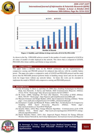 5221
ISSN: 2347-1697
International Journal of Informative & Futuristic Research (IJIFR)
Volume - 4, Issue -2, October 2016
Continuous 38th Edition, Page No: 5216-5222
R. Saranya, S. Uma :: Handling Large Medical Images With
Compressive Sensing And PEGASIS Protocol For Energy
Optimization
Figure 3: Stability and Lifetime in large networks of LEACH, PEGASIS
As shown in the Fig. 3 PEGASIS achieves around 2x the number of rounds compared to LEACH at
all values of number of nodes deployed in the network. This shows that as compared to LEACH,
PEGASIS offers better stability and lifetime in large networks.
VIII. CONCLUSION
This paper makes a detailed study on the WBAN architecture and the implementation of
compressive sensing and PEGAIS protocol for enhanced data delivery with the available battery
power. The paper also makes a comparative study of LEACH and PEGASIS protocol and the study
proves that the PEGASIS protocol performs better in handling energy factor and sets the network
work for longer hours without any network failure. In future this work can be extended to
implement the model of WBAN with compressive sensing and PEGASIS protocol.
IX. REFERENCES
[1] Cao. H. Leung. V, Chow. C, and Chan. H. (2009, Dec). Enabling Technologies for Wireless
Body Area Networks: A Survey and Outlook. IEEE Communication Magazine. [Online].
47(12), 84-93. “Home page” http://dl.acm.org/citation.cfm?id=2294013
[2] M. Unser. (2000). Sampling—50 Years after Shannon. Proceedings of IEEE. [Online].
88(4), 569-587. “Home page”, http://bigwww.epfl.ch/publications/unser0001.pdf
[3] Massimo Fornasier and Holger Rauhut. (2010, Apr).Compressive Sensing. [Online]. “Home
page”, www.math.umu.se/digitalAssets/115/115905_csfornasierrauhut.pdf
[4] Emmanuel J. Candès and Michael B. Wakin. (2008, Mar). An Introduction To Compressive
Sampling. IEEE Signal Processing Magazine. [Online]. “Home page”,
http://pami.uwaterloo.ca/~basir/ECE750/p9.pdf
[5] Susanne Albers. (2010, May). Energy Efficient Algorithms. Communications of the ACM.
[Online]. 53(5), “Home page”, http://cacm.acm.org/magazines/2010/5/87271-energy-
efficient-algorithms/fulltext
[6] Daniel Benedict Ndawi. (2015, Oct). Improved Pegasis Protocol for Energy Efficient
Wireless Sensor Network by Ant Colony Optimization. International Journal and Magazine
LEACH PEGASIS
Number of Rounds
Nodedeathrates
 