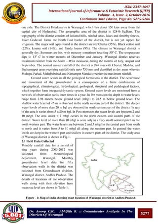 5277
ISSN: 2347-1697
International Journal of Informative & Futuristic Research (IJIFR)
Volume - 4, Issue -2, October 2016
Continuous 38th Edition, Page No: 5275-5286
Dr. Anoop C.K., Abhijith R. :: Groundwater Analysis In The
Districts Of Warangal
one side. The District Headquarter is Warangal, which lies about 150 kms away from the
capital city of Hyderabad. The geographic area of the district is 12846 Sq.Kms. The
topography of the district consists of isolated hills, rainfed tanks, lakes and shrubby forests.
River Godavari forms the North East border of the district, but is not yet tapped for
irrigation. The major soil types found in the district are red Chalka (55%), Black cotton soil
(22%), Loamy soil (14%), and Sandy loams (9%). The climate in Warangal district is
generally dry. Summers are hot, with mercury sometimes touching 50o
C. The temperature
dips to 13o
C in winter months of December and January. Warangal district receives
maximum rainfall from the South – West monsoon, during the months of July, August and
September. The normal annual rainfall of the district is 994 mm,with Cherial, Maddur, and
Bachannapet areas receiving rainfall only upto 750 mm and classified as dry areas whereas
Mulugu, Parkal, Mahabubabad and Narsampet Mandals receive the maximum rainfall.
Ground water occurs in all the geological formations in the district. The occurrence
and movement of the groundwater is a consequence of a finite combination of
topographical, climatological, hydrological, geological, structural and pedalogical factors,
which together form integrated dynamic system. Ground water levels are monitored from a
network of observation wells three times in a year. In Pre monsoon the depth to water levels
range from 2.98 meters below ground level (mbgl) to 28.5 m below ground level. The
shallow water level of <5 m is observed in the north western part of the district. The deeper
water levels of more than 20 m bgl are observed in north eastern part of the district. In rest
of the area it varies from 5 to20 m bgl. In Post monsoon the water levels are between 2 and
10 mbgl. The area under < 2 mbgl occurs in the north eastern and eastern parts of the
district. Water level of more than 10 mbgl is seen only in a very small isolated patch in the
north western part. The water levels are between 2 and 5 mbgl in the central part from south
to north and it varies from 5 to 10 mbgl all along the western part. In general the water
levels are deep in the western part and shallow in eastern parts of the district. The study area
of Warangal district is shown in Fig.1.
2.1 Field Data Collected
Monthly rainfall data for a period of
nine years during 2003-2012 was
collected from Meteorological
department, Warangal. Monthly
groundwater level data for fifty
observation wells in the district was
collected from Groundwater division,
Warangal district, Andhra Pradesh. The
details of locations of the observation
wells along with their elevation from
mean sea level are shown in Table 1.
Figure - 1: Map of India showing exact location of Warangal district in Andhra Pradesh
 