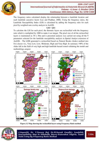 5306
ISSN: 2347-1697
International Journal of Informative & Futuristic Research (IJIFR)
Volume - 4, Issue -2, October 2016
Continuous 38th Edition, Page No: 5298-5308
J.Jayanthi, Dr. T.Naveen Raj, Dr.M.Suresh Gandhi:: Landslide
Susceptibility Map In Sillahalla Macro-Watershed Nilgiris, Tamil
Nadu Using By Frequency Ratio Method
The frequency ratios calculated display the relationship between a landslide location and
each landslide causative factor (Lee and Pradhan, 2006). Using the frequency ratios, the
Landslide Susceptibility Index (LSI) is calculated by adding the frequency ratio for each
pixel by weighted sum overlay analysis in ArcGIS.
LSI = ƩFr
To calculate the LSI for each pixel, the thematic layers are reclassified with the frequency
ratio which is multiplied by 1000 to make it an integer. The pixel size of all the reclassified
layers is maintained as 30 x 30m and is presented analysis was carried out using all the 9
parameters selected for the landslide susceptibility analysis in Spatial Analyst extension of
ArcGIS. . The LSM generated is reclassified based on Natural Breaks (Jenks) method into
five classes viz., Very Low, Low, Moderate, High and Very High. In summary >90% of the
slides fall in the field of very high and high landslide hazard zoned validating the model and
methodology adopted.
Figure.3.2 Map showing the reclassified layers using Frequency Ratio method
 