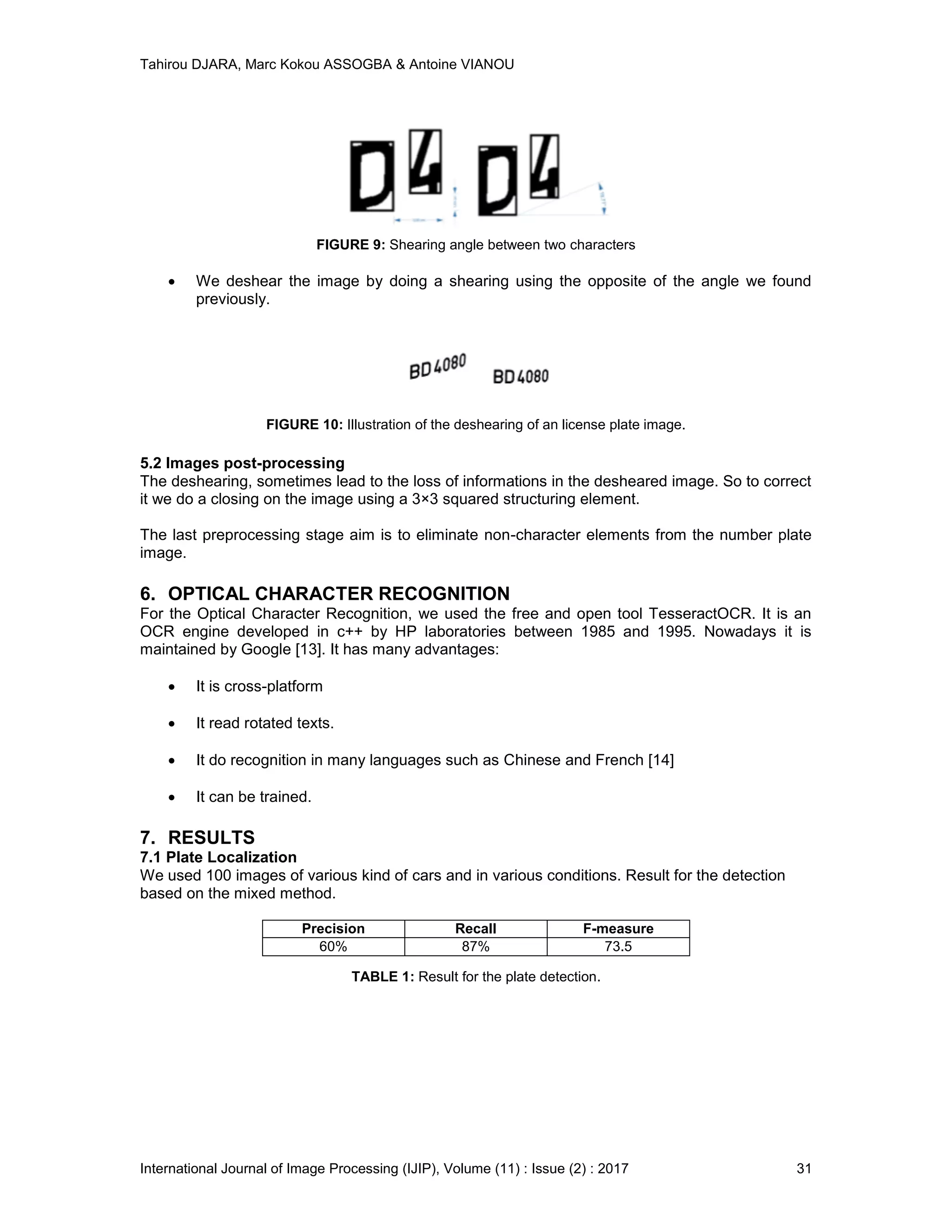 Tahirou DJARA, Marc Kokou ASSOGBA & Antoine VIANOU
International Journal of Image Processing (IJIP), Volume (11) : Issue (2) : 2017 31
FIGURE 9: Shearing angle between two characters
 We deshear the image by doing a shearing using the opposite of the angle we found
previously.
FIGURE 10: Illustration of the deshearing of an license plate image.
5.2 Images post-processing
The deshearing, sometimes lead to the loss of informations in the desheared image. So to correct
it we do a closing on the image using a 3×3 squared structuring element.
The last preprocessing stage aim is to eliminate non-character elements from the number plate
image.
6. OPTICAL CHARACTER RECOGNITION
For the Optical Character Recognition, we used the free and open tool TesseractOCR. It is an
OCR engine developed in c++ by HP laboratories between 1985 and 1995. Nowadays it is
maintained by Google [13]. It has many advantages:
 It is cross-platform
 It read rotated texts.
 It do recognition in many languages such as Chinese and French [14]
 It can be trained.
7. RESULTS
7.1 Plate Localization
We used 100 images of various kind of cars and in various conditions. Result for the detection
based on the mixed method.
Precision Recall F-measure
60% 87% 73.5
TABLE 1: Result for the plate detection.
 